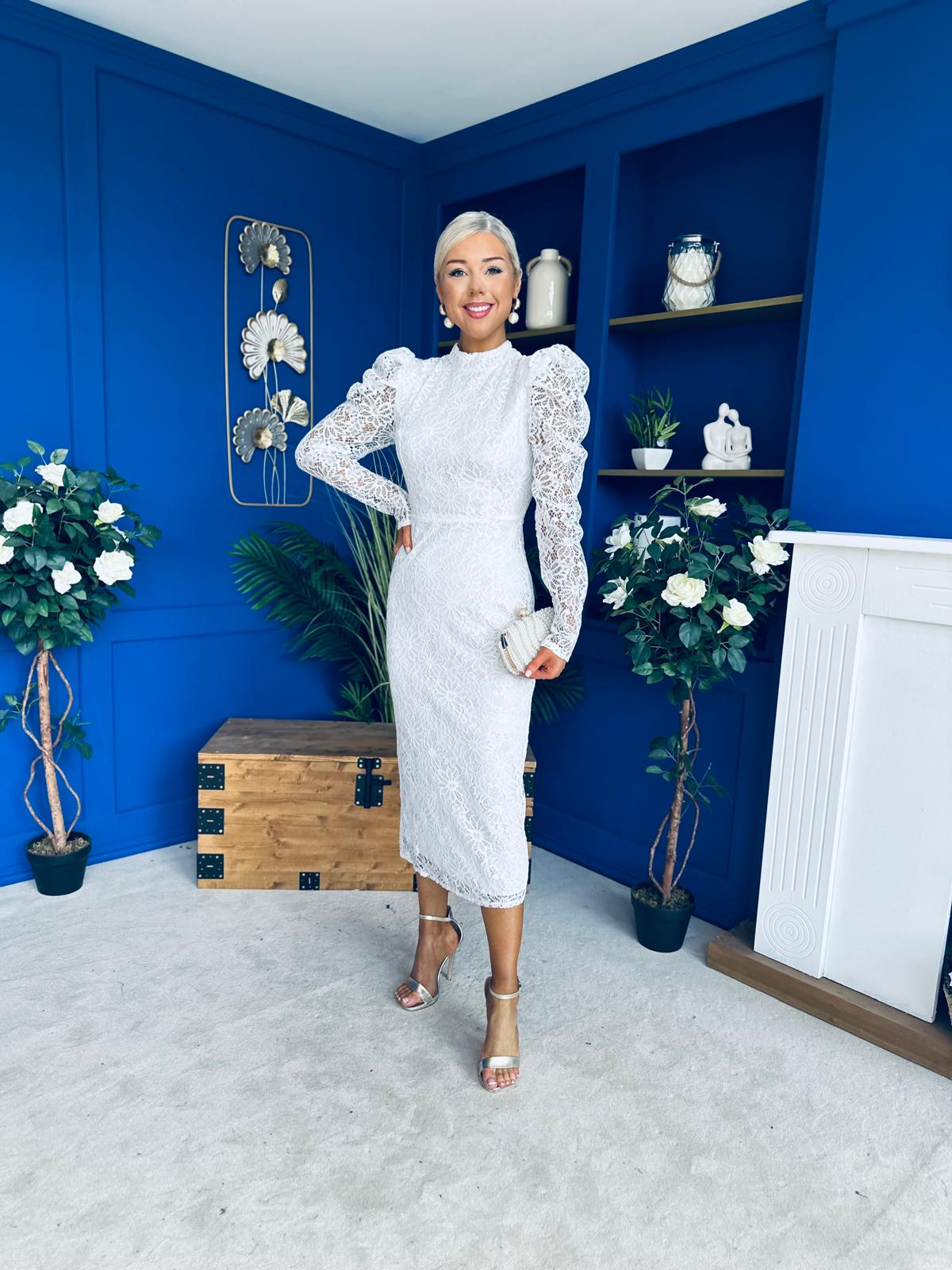Naomi Puff Sleeve Lace Occasion Dress White