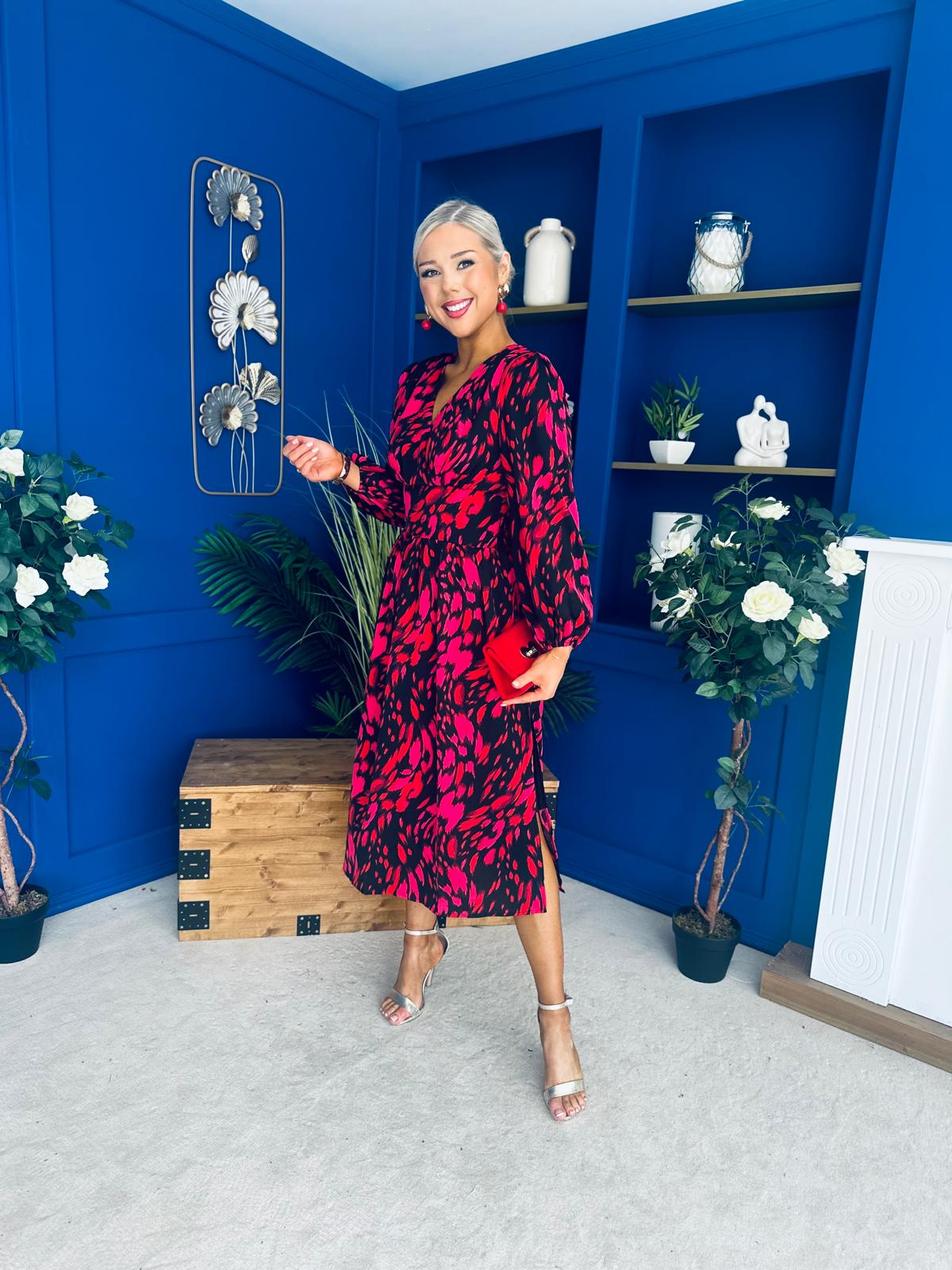 Astrid Long Sleeve Midi Dress Black Fuchsia