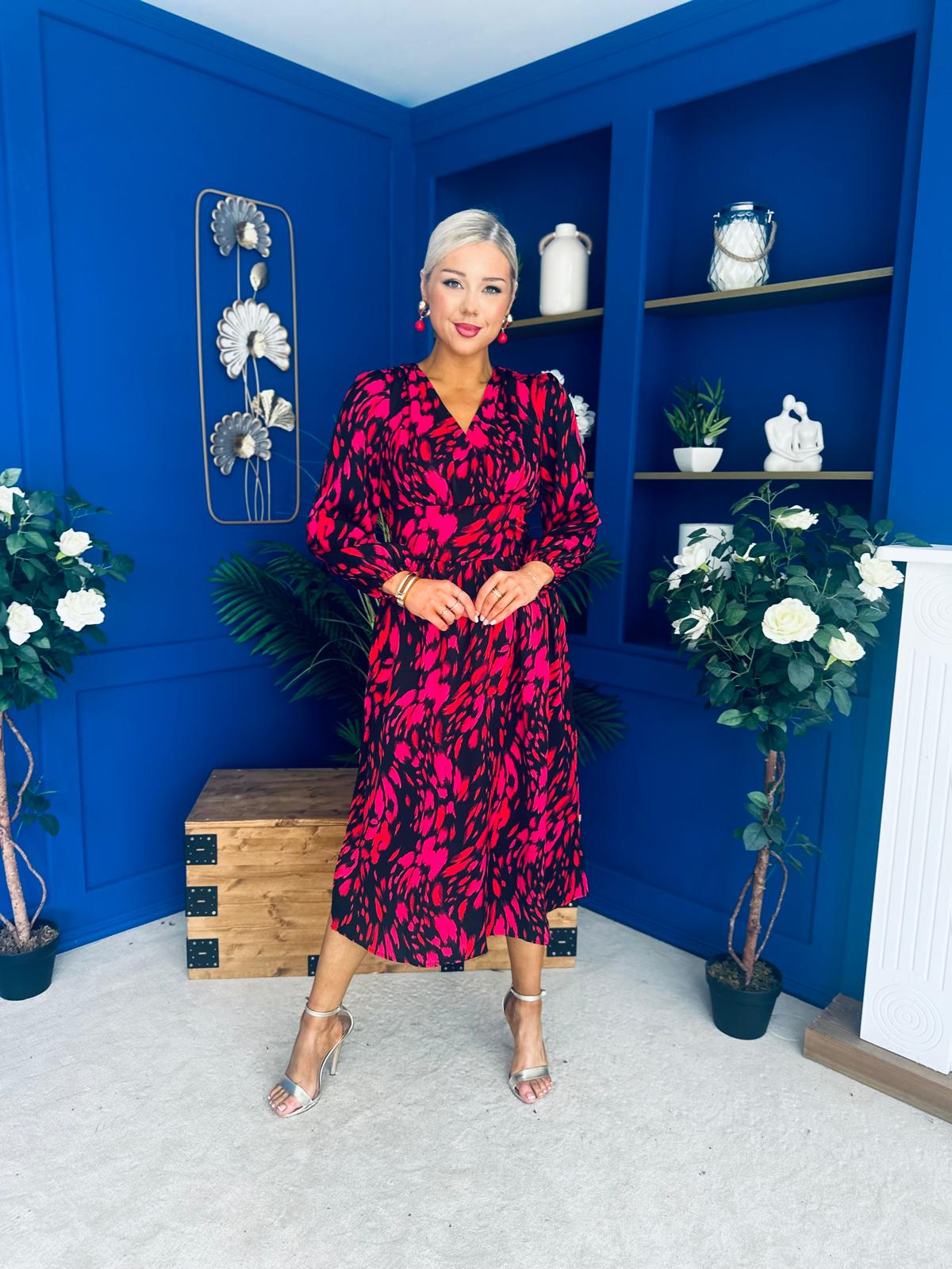 Astrid Long Sleeve Midi Dress Black Fuchsia