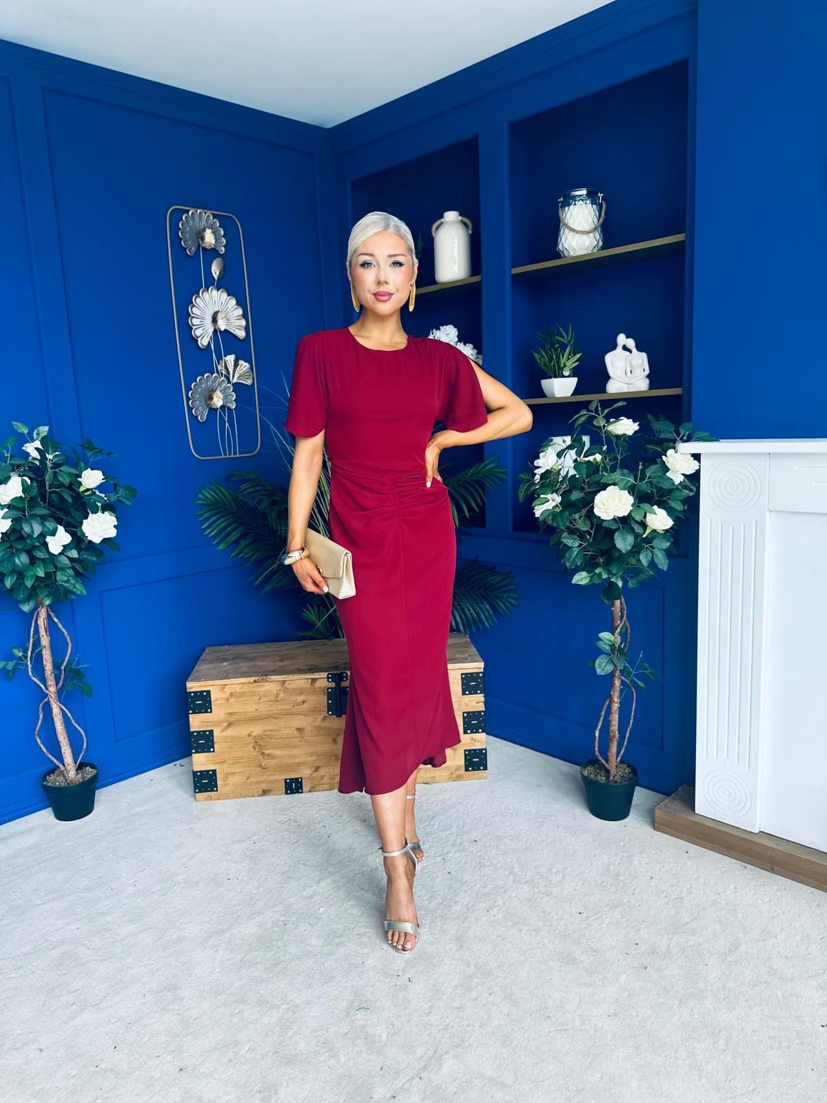 Cleo Ruched Detail Midi Dress Wine