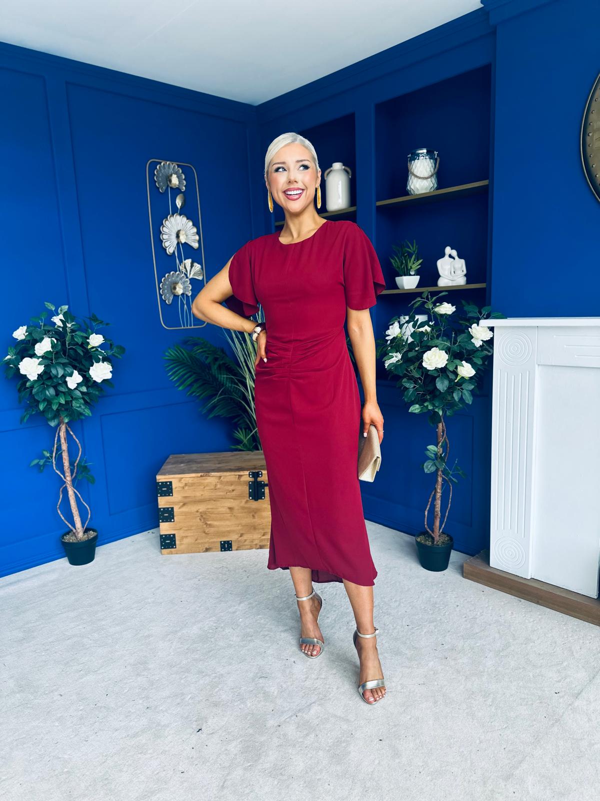 Cleo Ruched Detail Midi Dress Wine