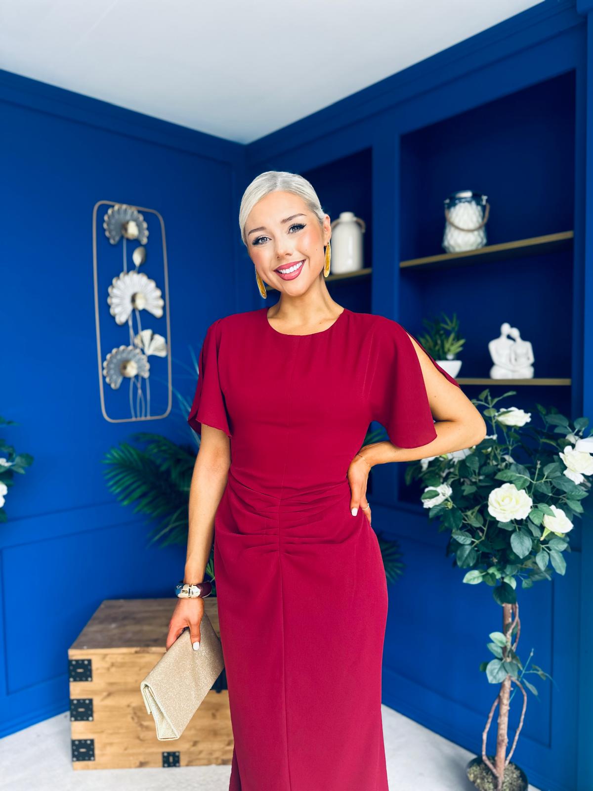 Cleo Ruched Detail Midi Dress Wine