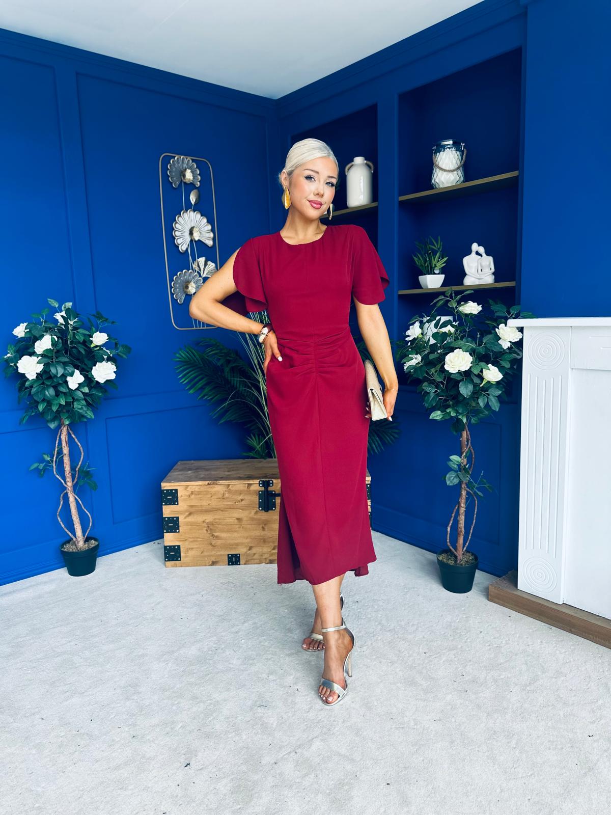 Cleo Ruched Detail Midi Dress Wine