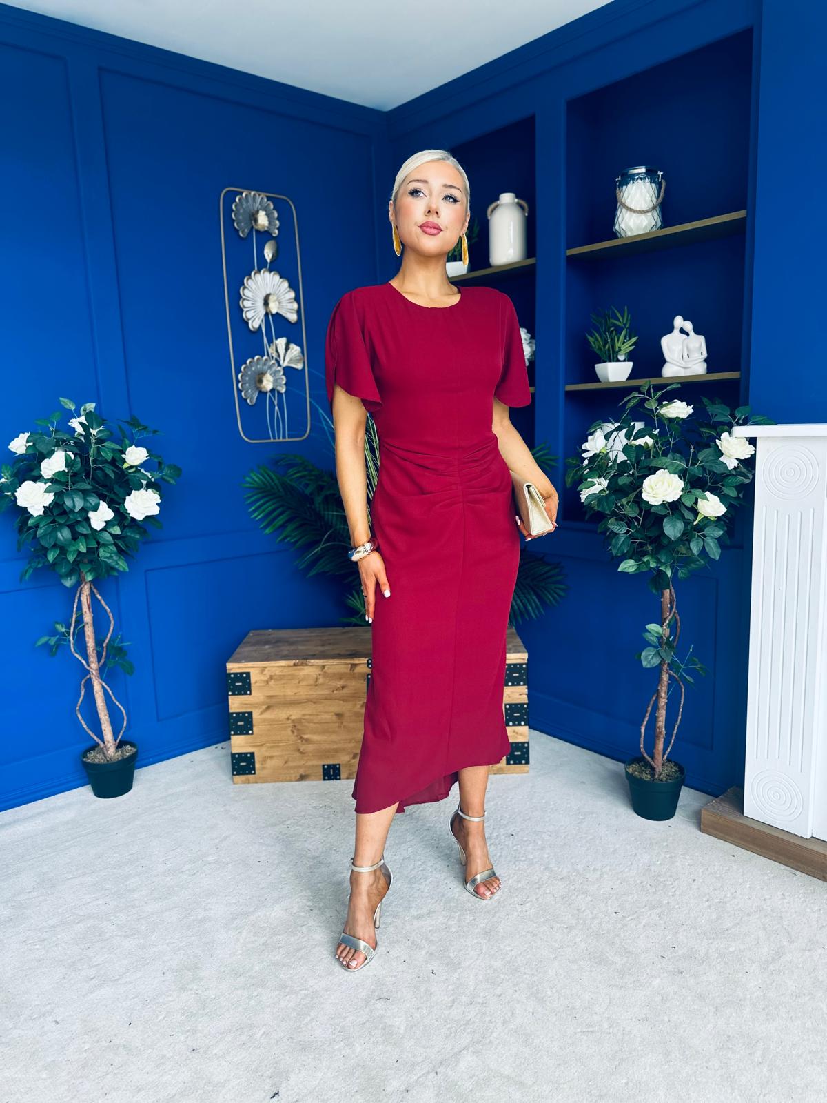 Cleo Ruched Detail Midi Dress Wine