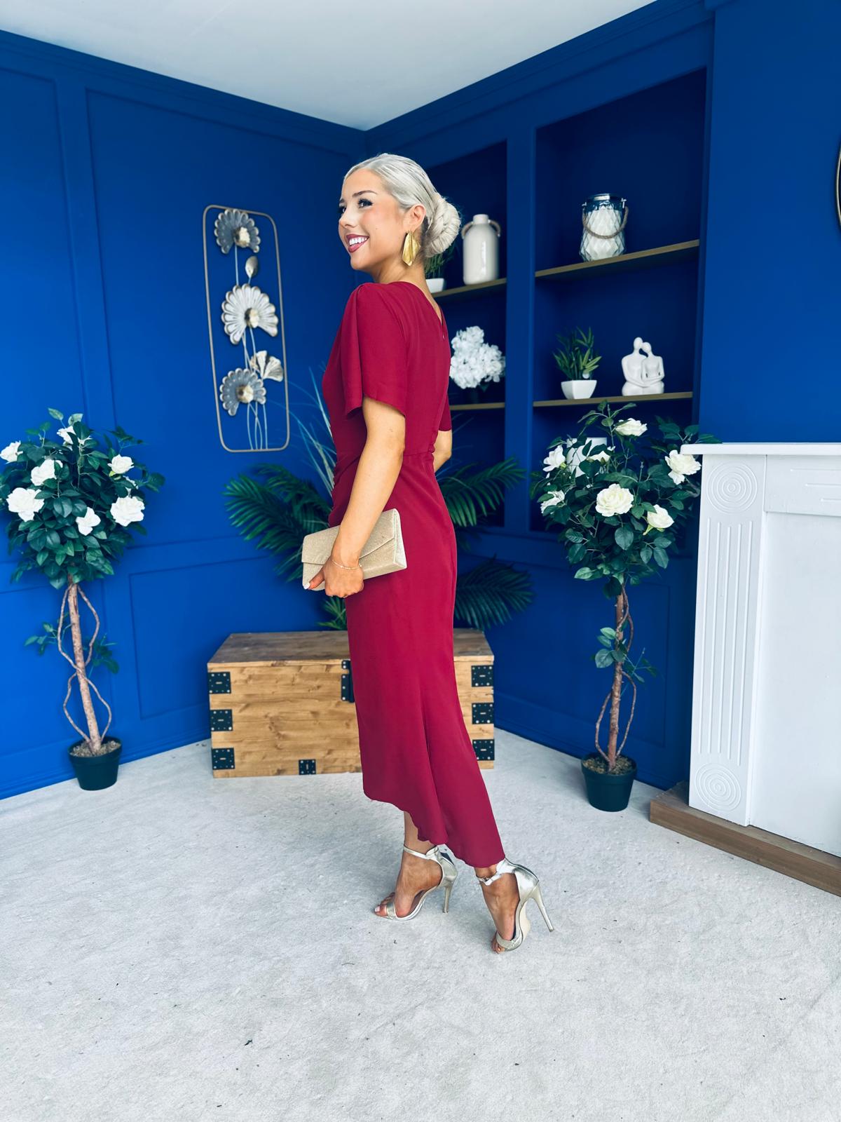 Cleo Ruched Detail Midi Dress Wine