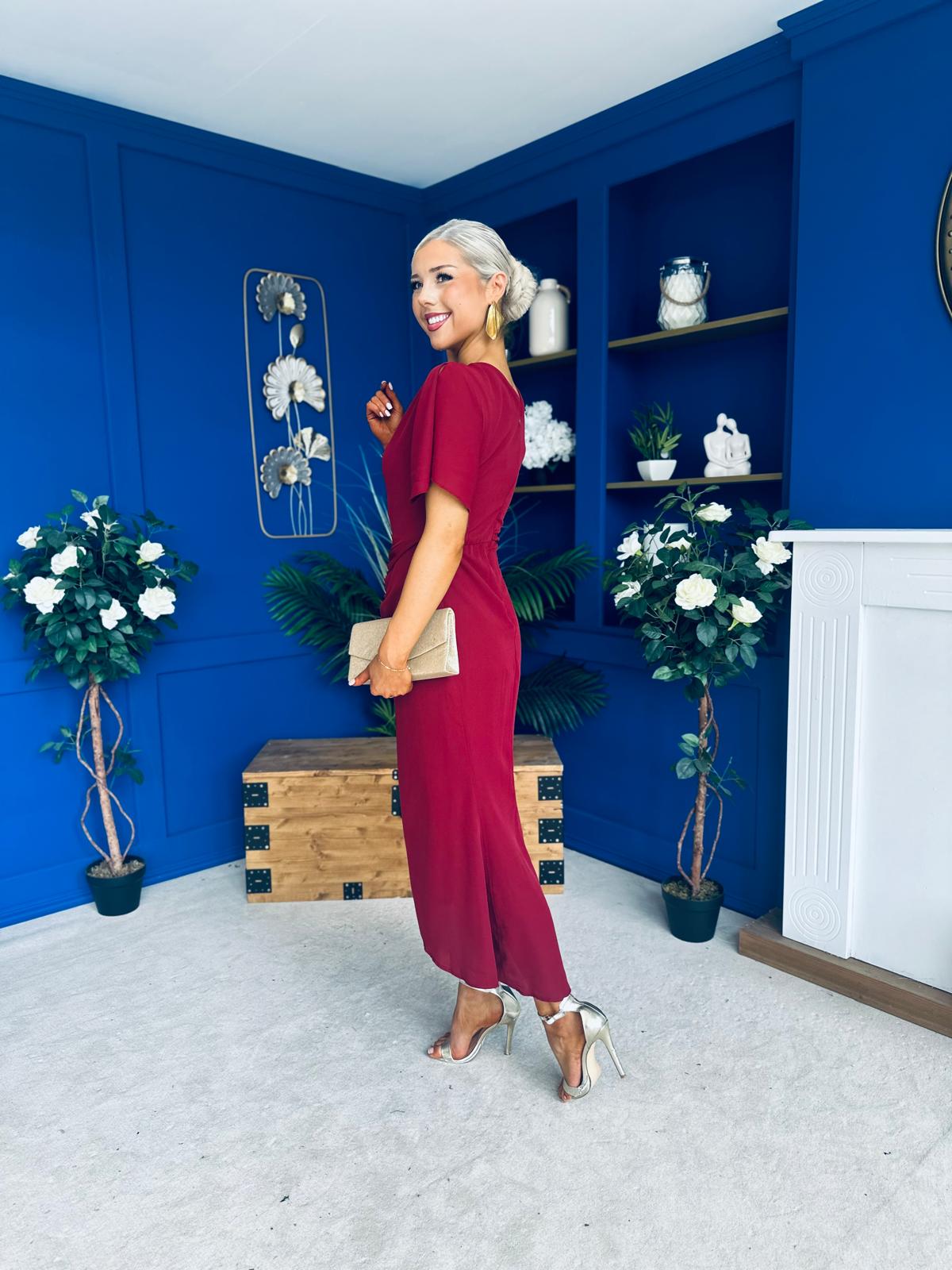 Cleo Ruched Detail Midi Dress Wine