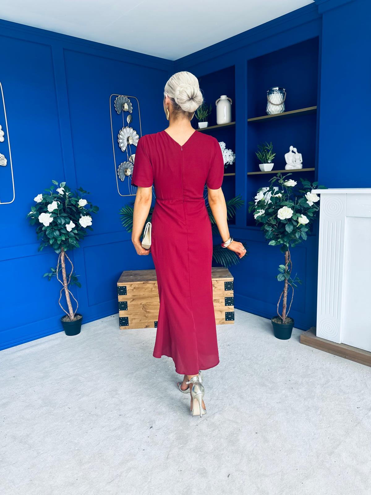Cleo Ruched Detail Midi Dress Wine