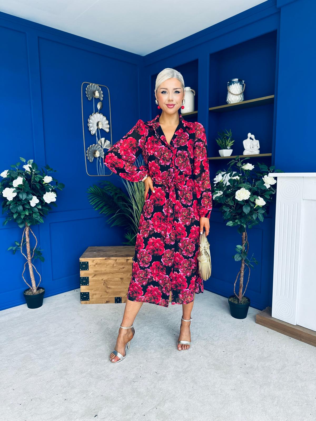Kaya Red Floral Print Midi Shirt Dress