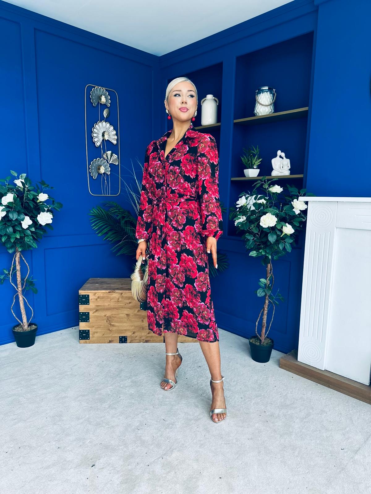Kaya Red Floral Print Midi Shirt Dress