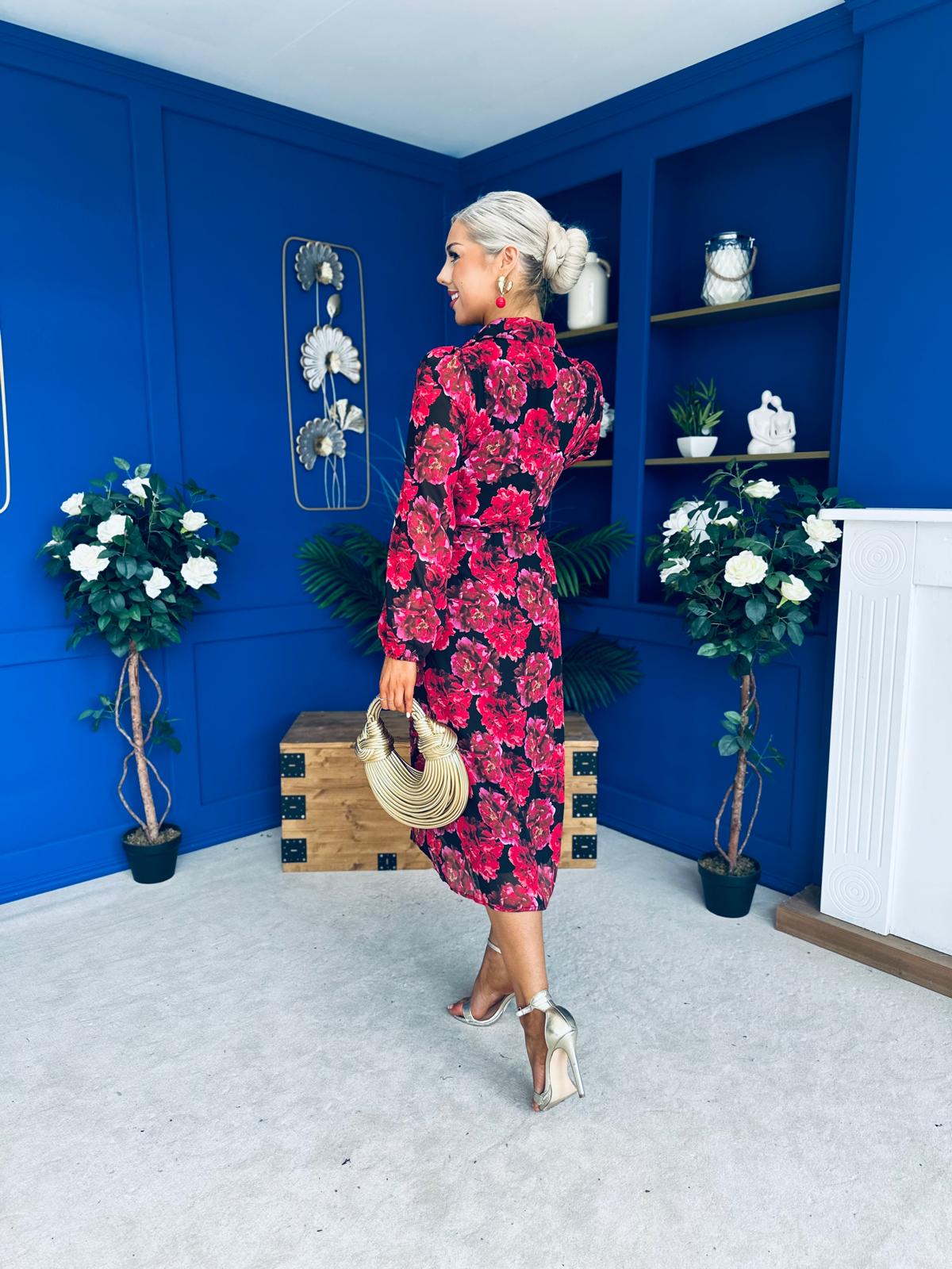 Kaya Red Floral Print Midi Shirt Dress