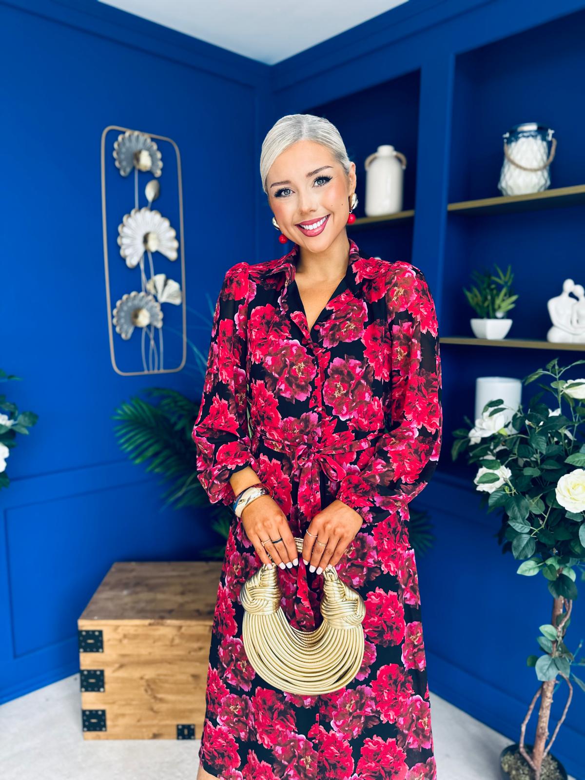 Kaya Red Floral Print Midi Shirt Dress