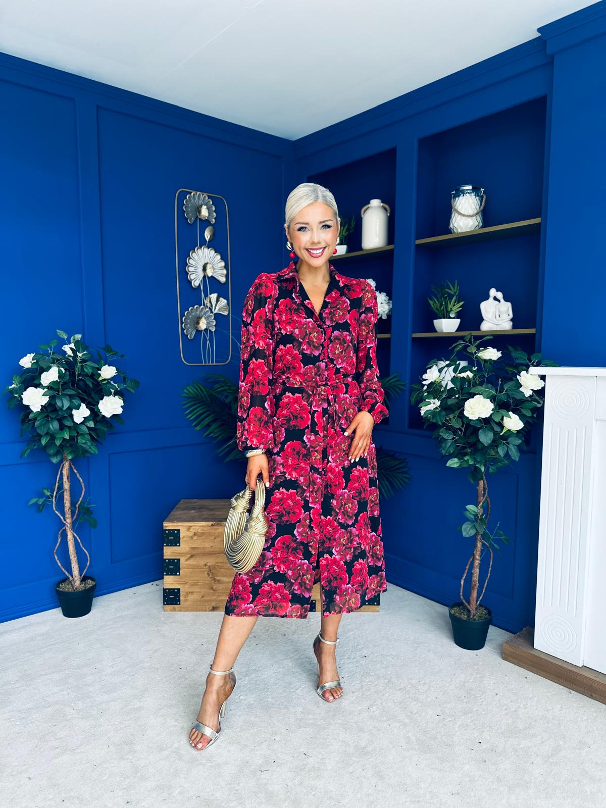 Kaya Red Floral Print Midi Shirt Dress
