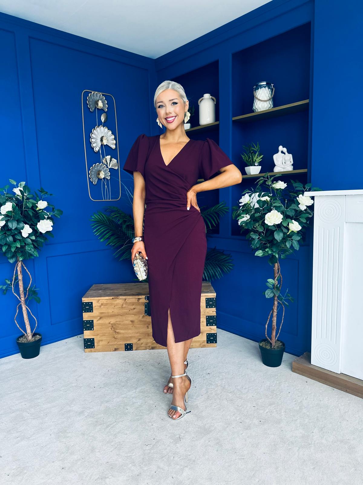 Freya Puff Sleeve Wrap Neck Ruched Midi Plum