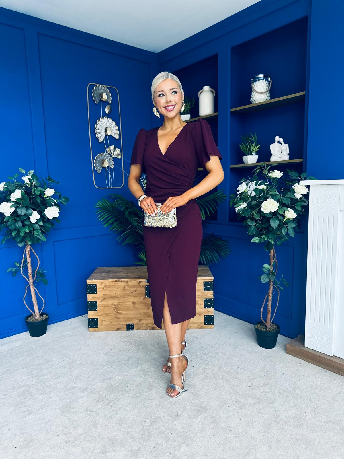 Freya Puff Sleeve Wrap Neck Ruched Midi Plum