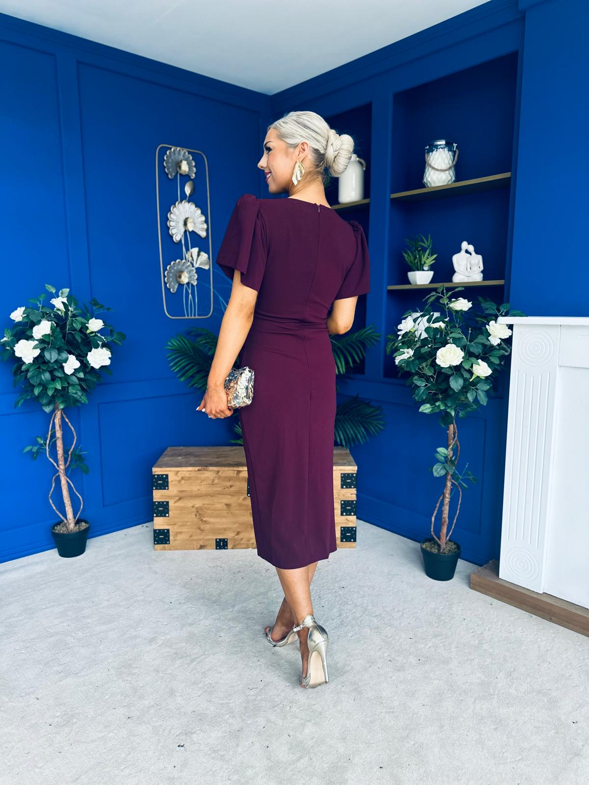 Freya Puff Sleeve Wrap Neck Ruched Midi Plum