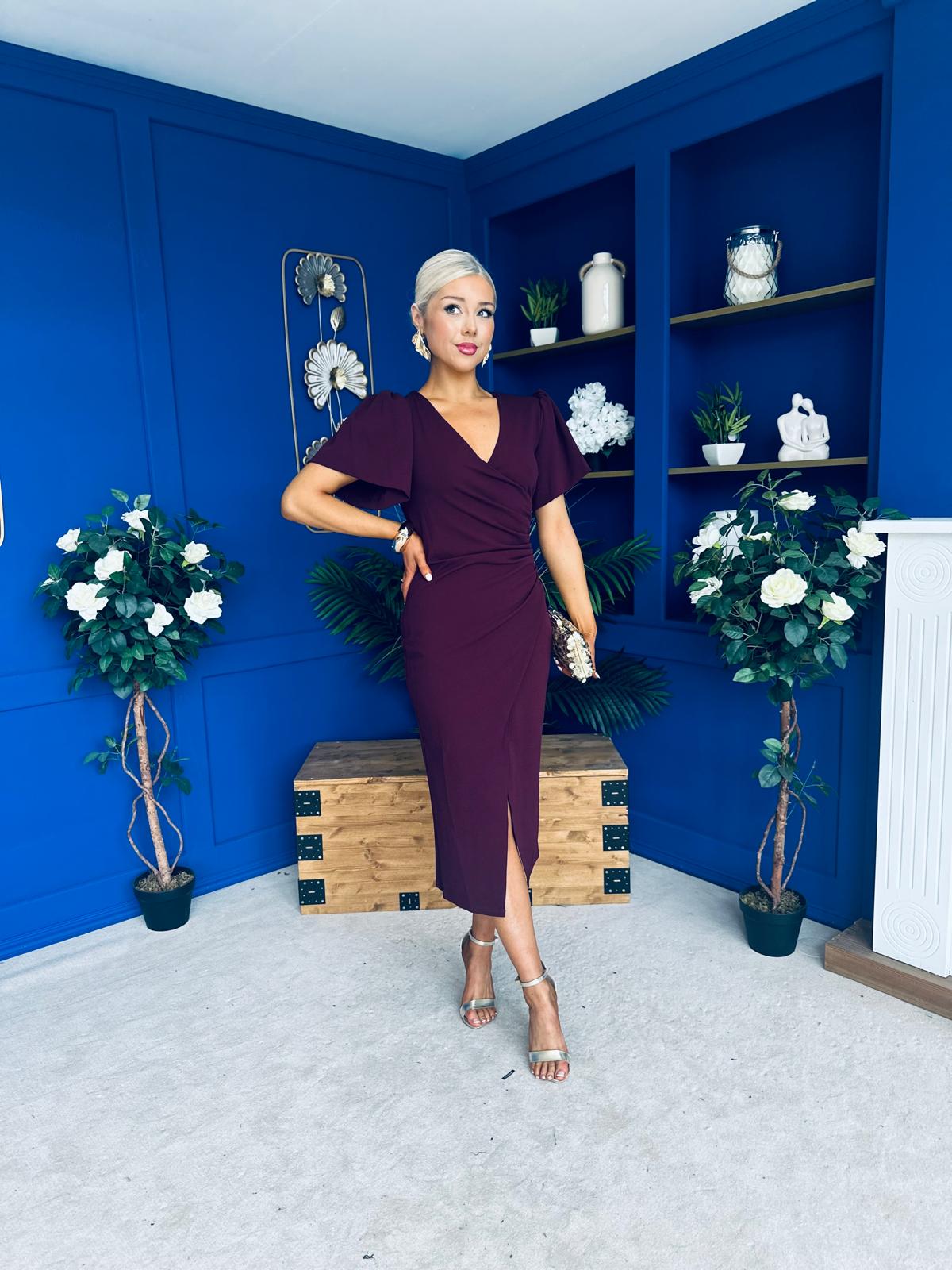 Freya Puff Sleeve Wrap Neck Ruched Midi Plum