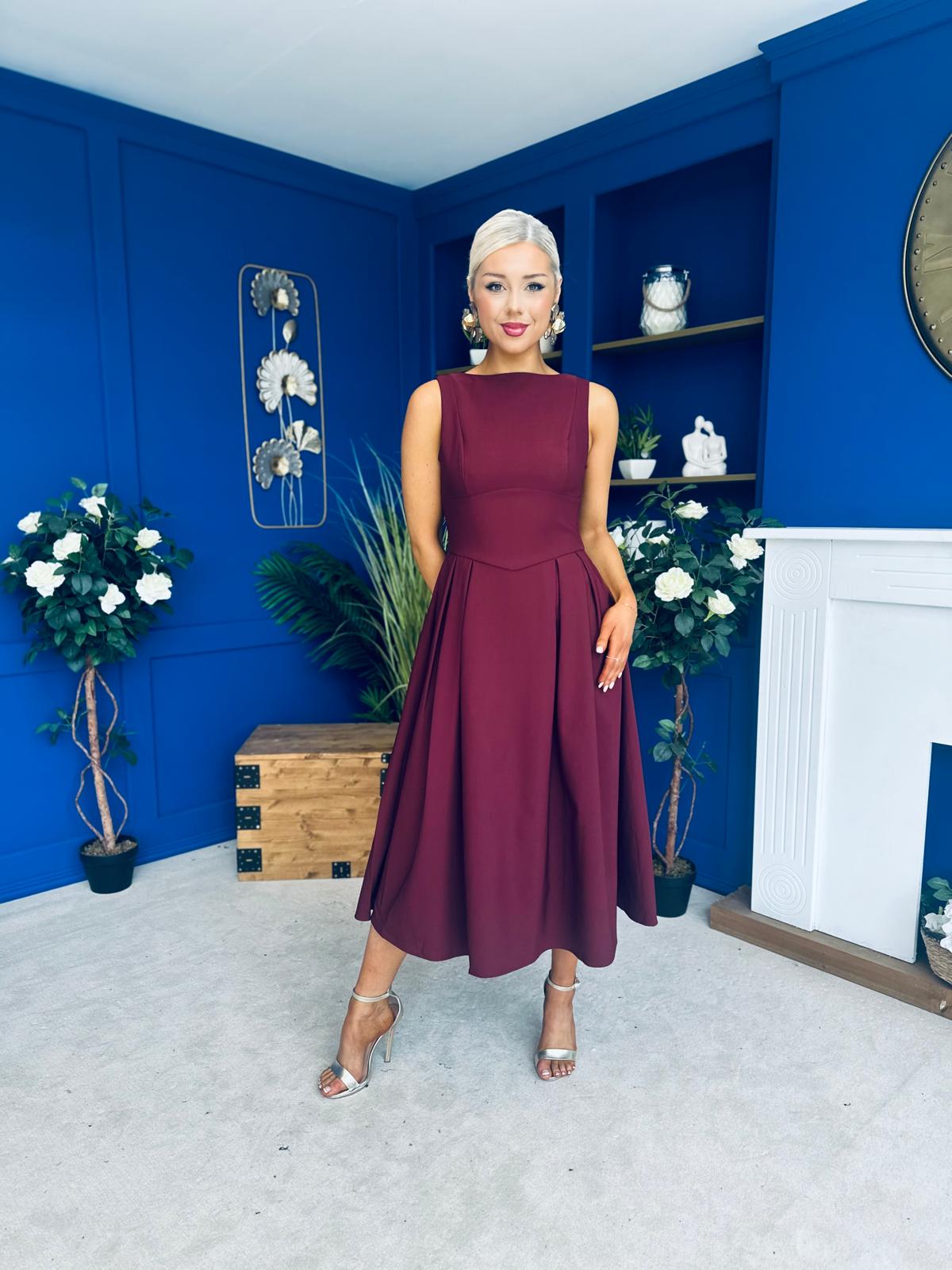 Nesta Boat Neck Skater Midi Dress Burgundy Pre Order 19 Sept