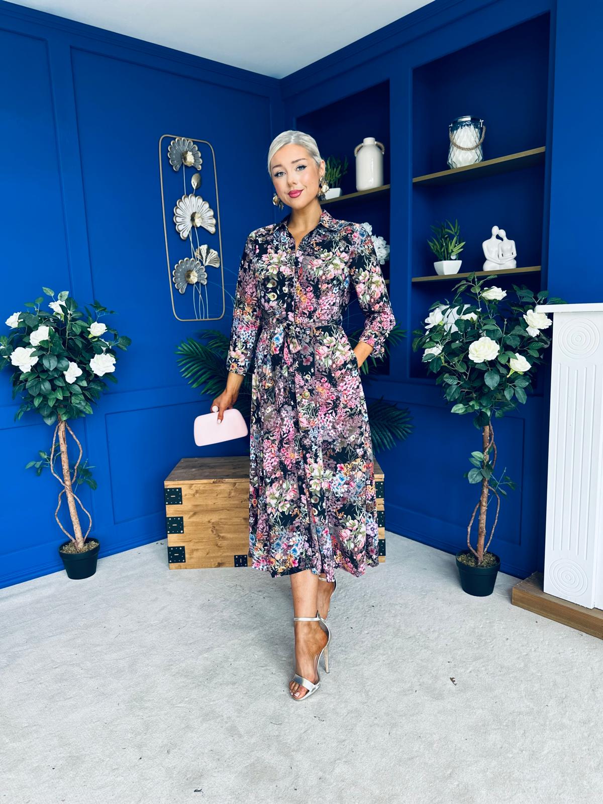 Angela Chiffon Shirt Maxi Dress Black Floral