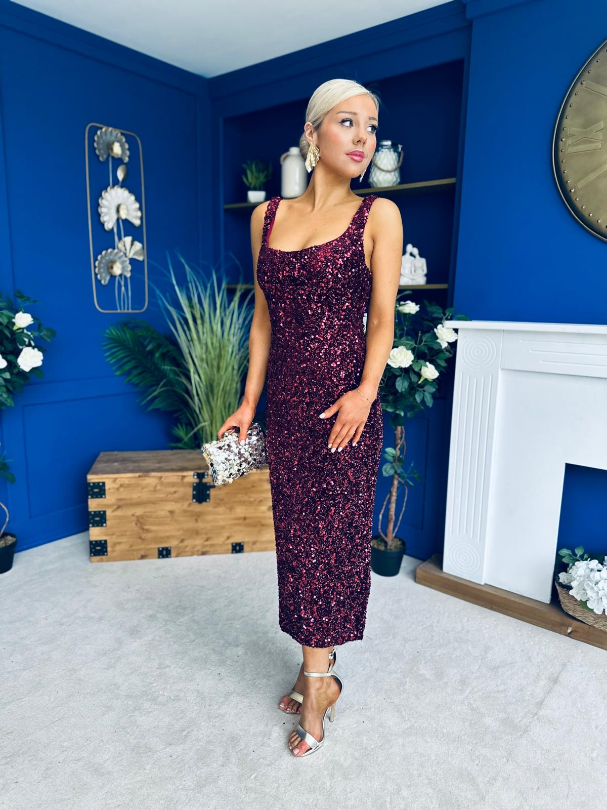 Poppy Sequin Occasion Dress Burgundy