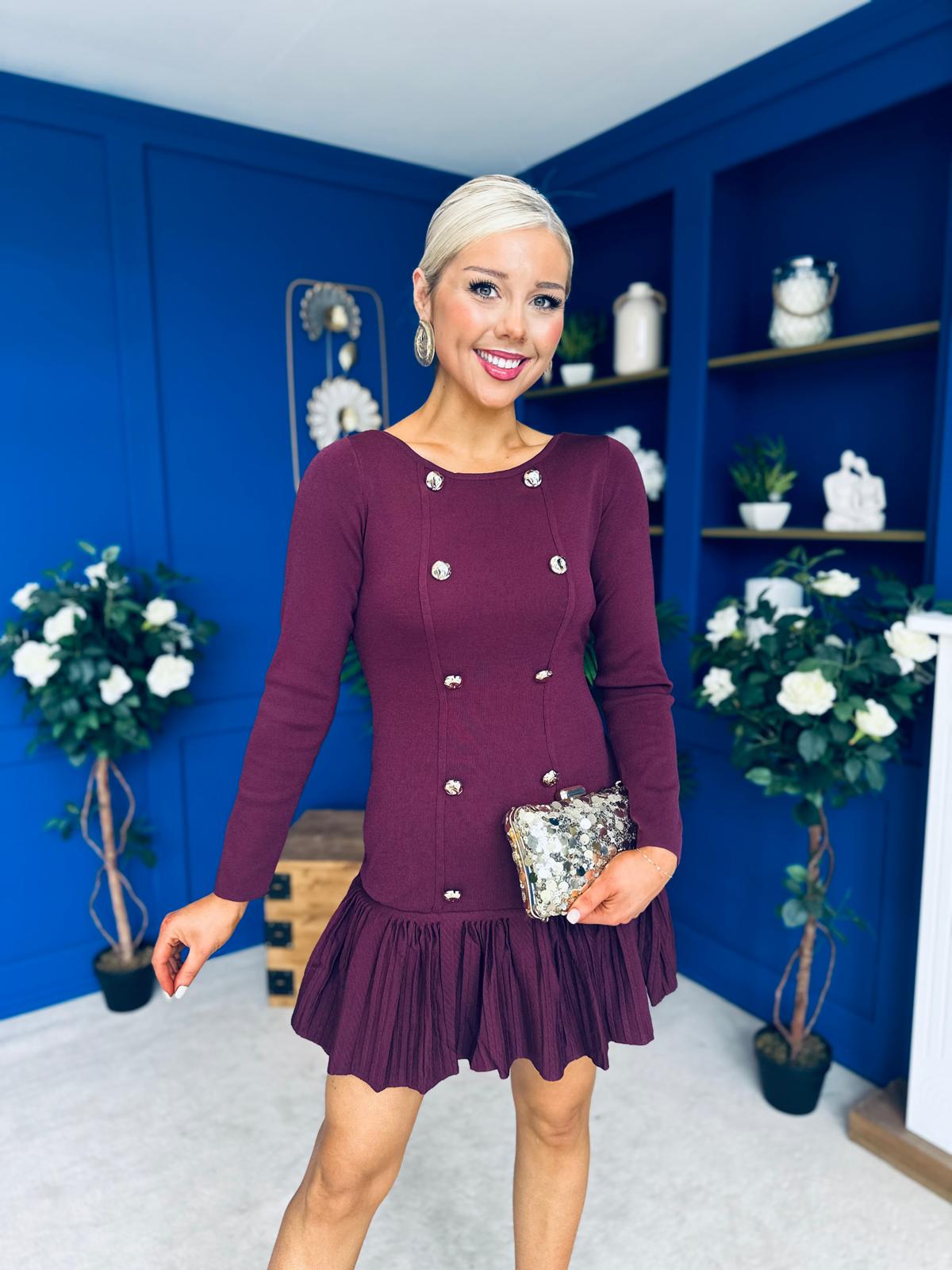 Jada Button Detail Mini Dress Burgundy