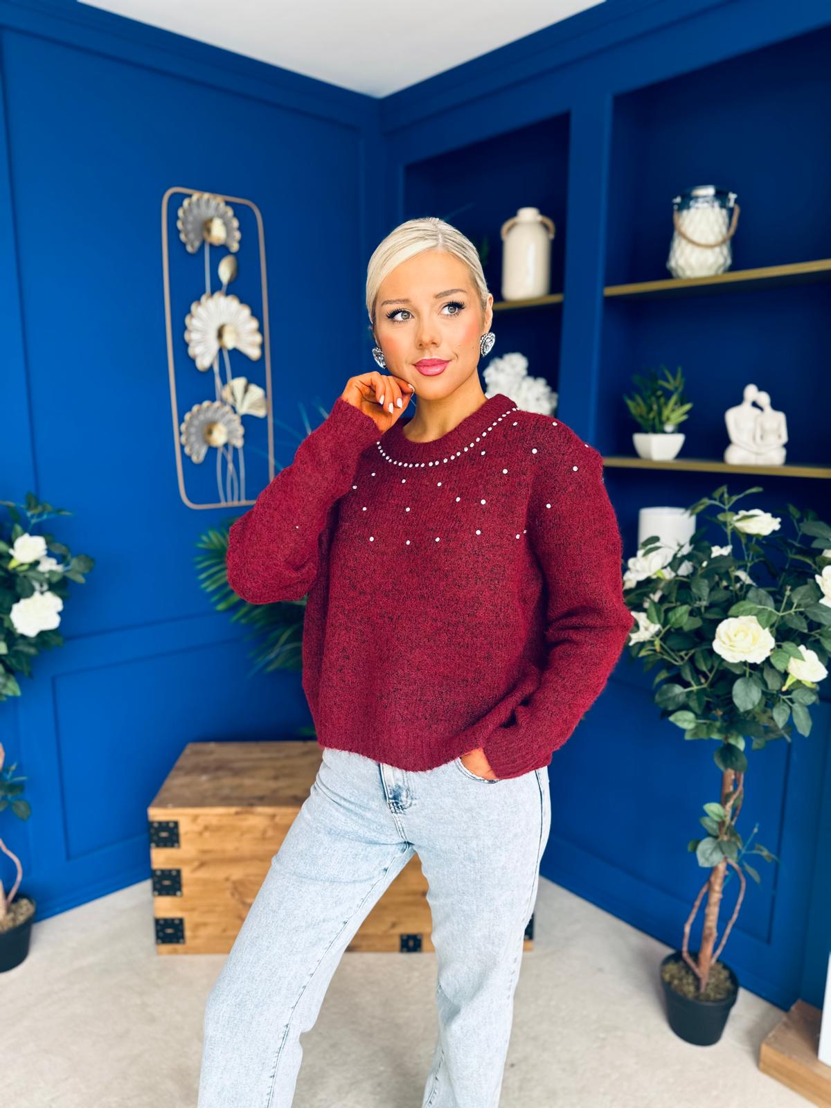 Diane Embellished Knit Jumper Wine