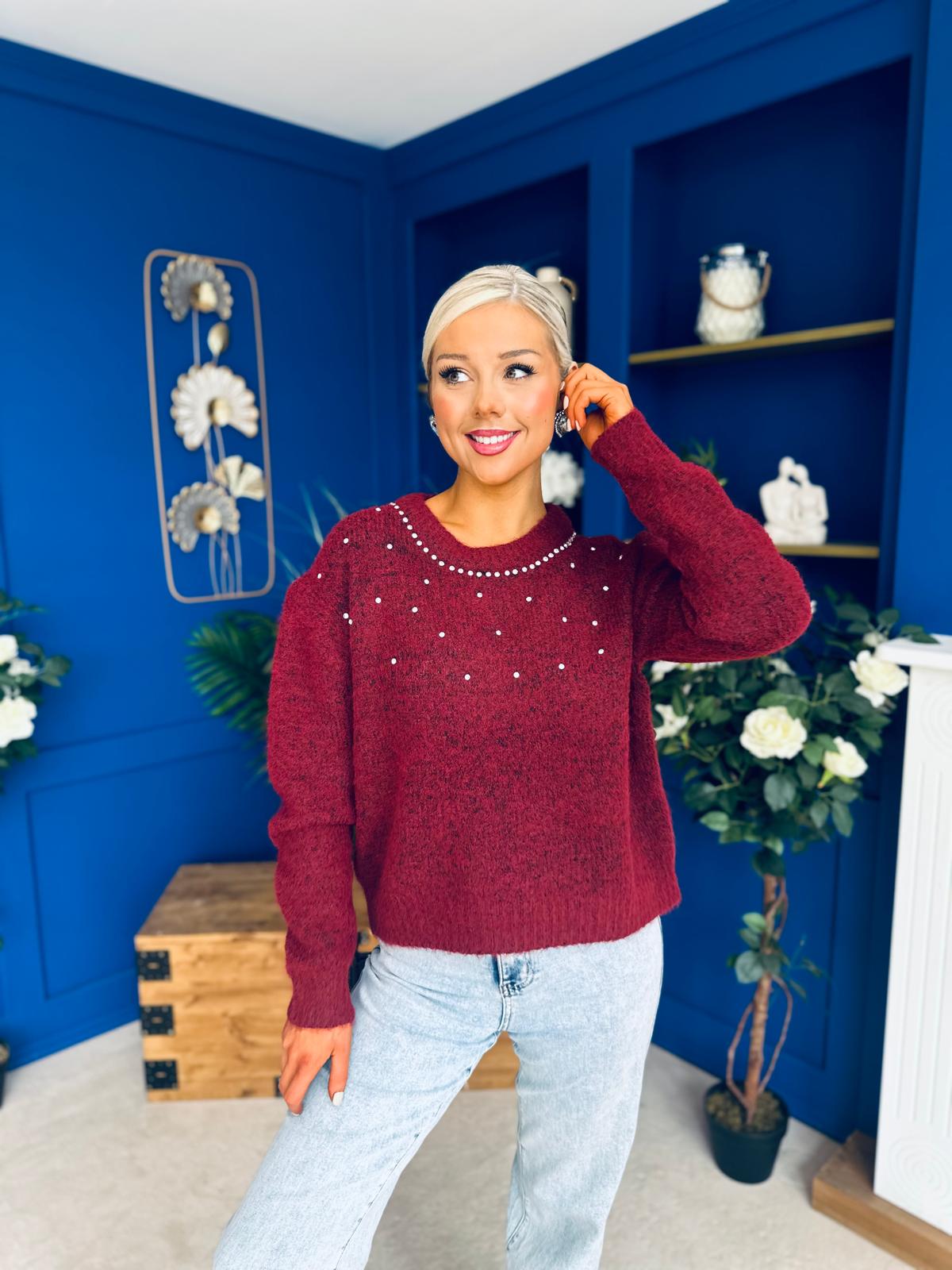 Diane Embellished Knit Jumper Wine