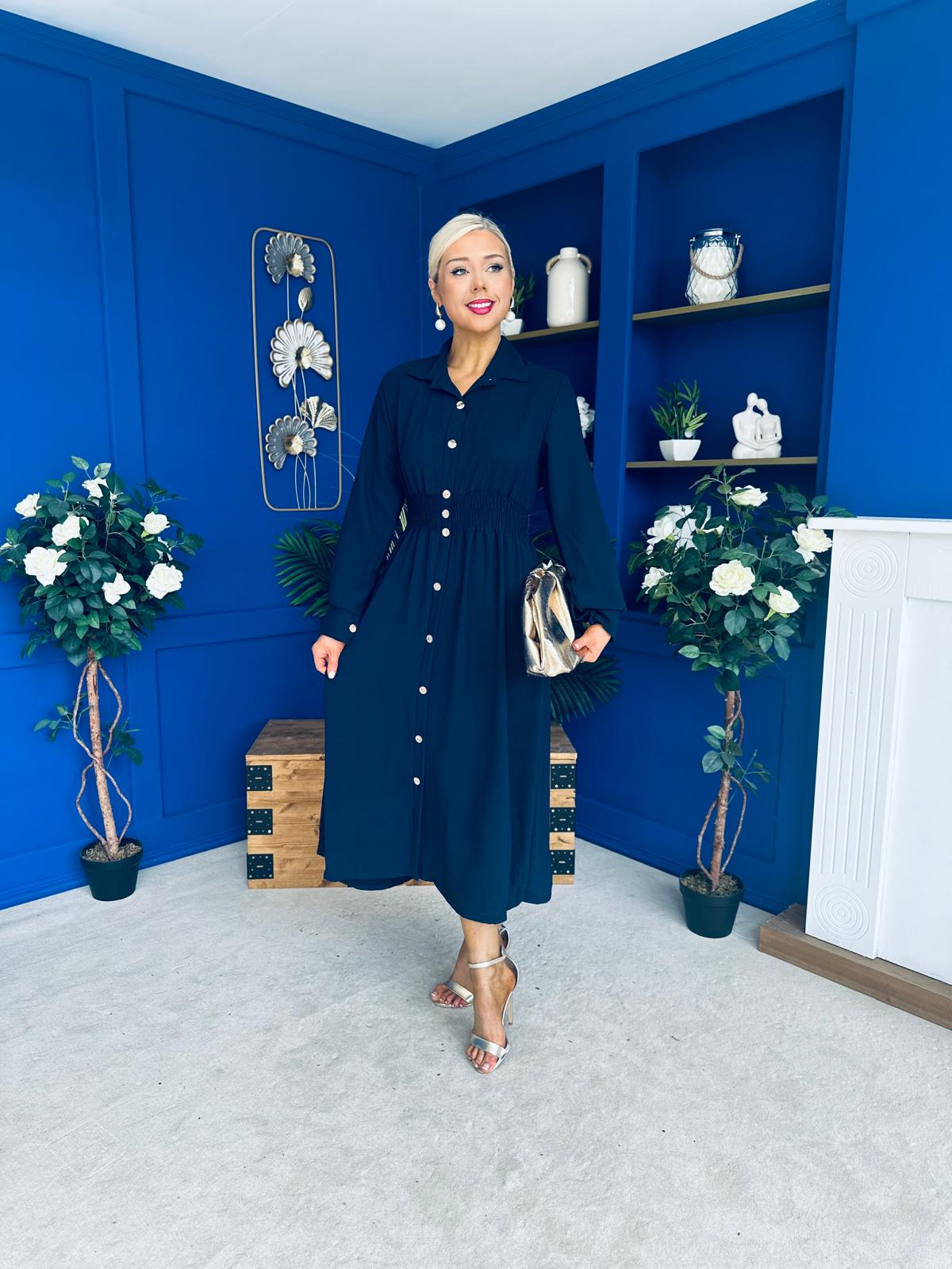Brooke Button Detail Midi Dress Navy