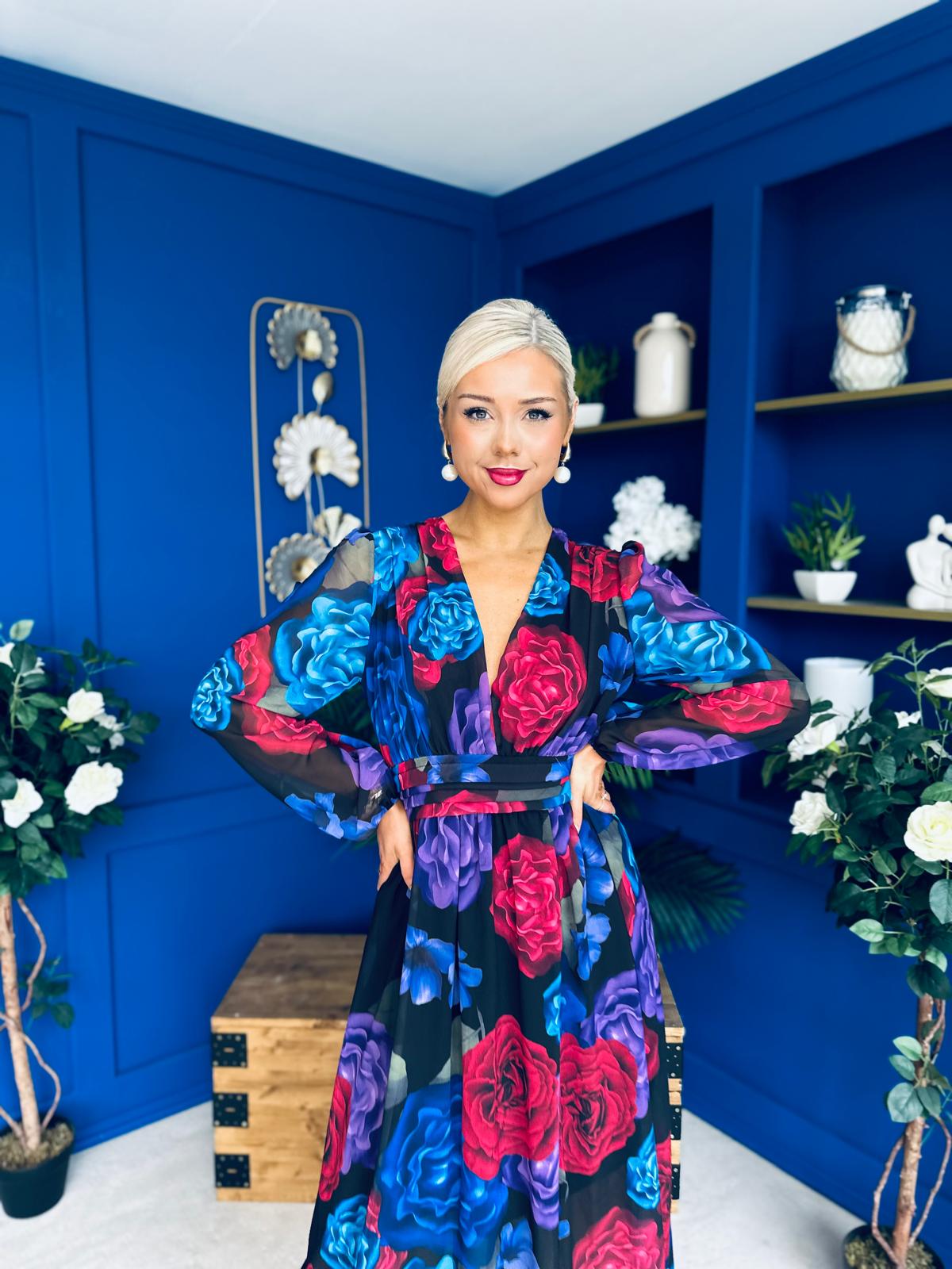 Sabrina Banded Midi Dress Black Floral Blue