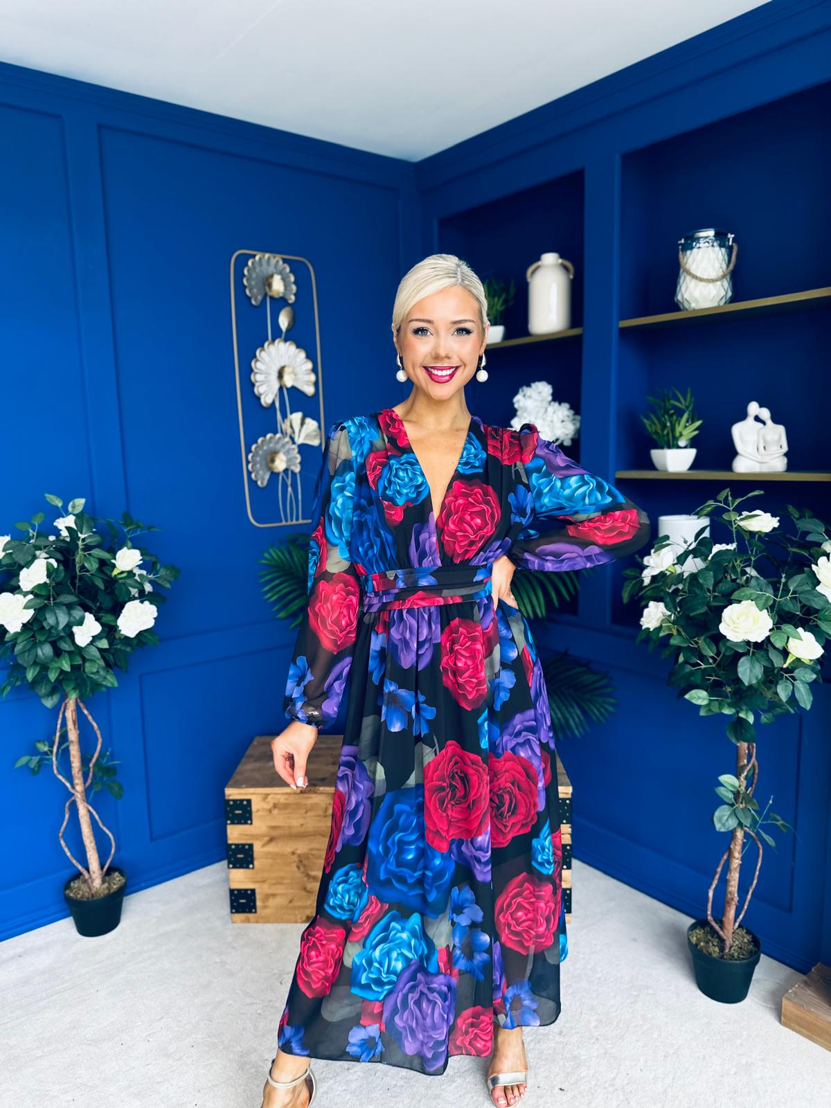 Sabrina Banded Midi Dress Black Floral Blue