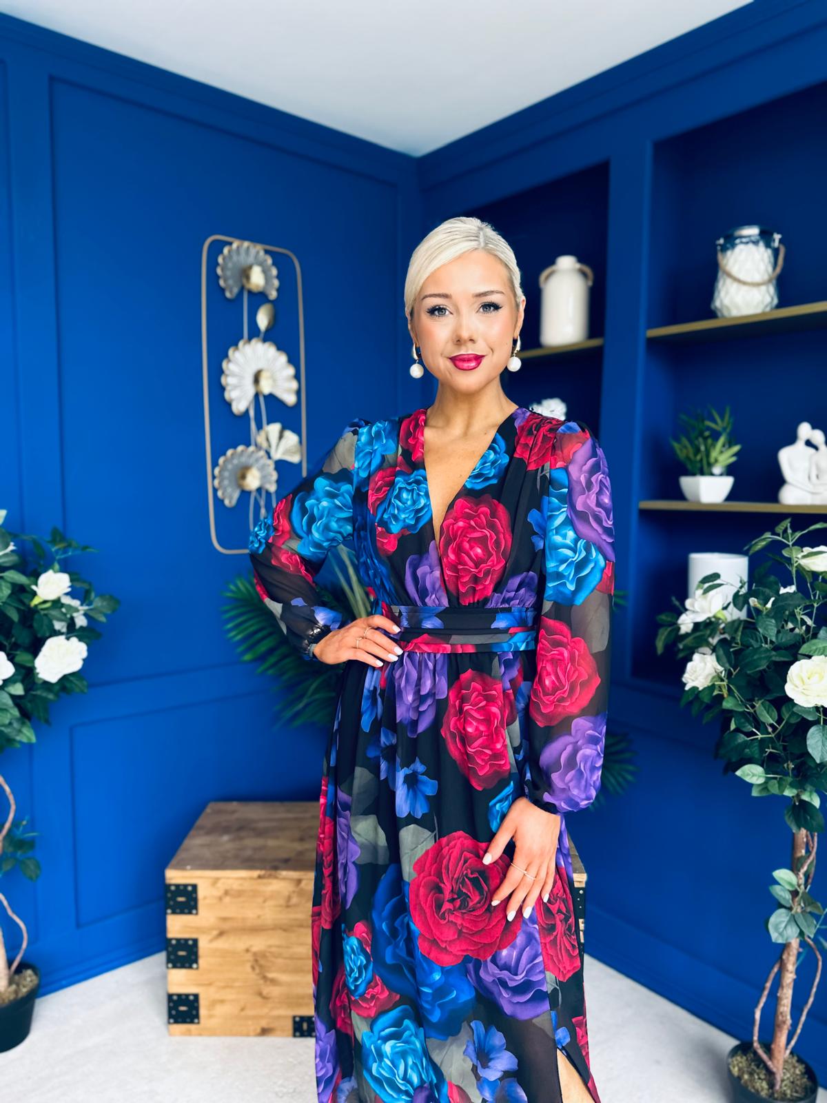 Sabrina Banded Midi Dress Black Floral Blue