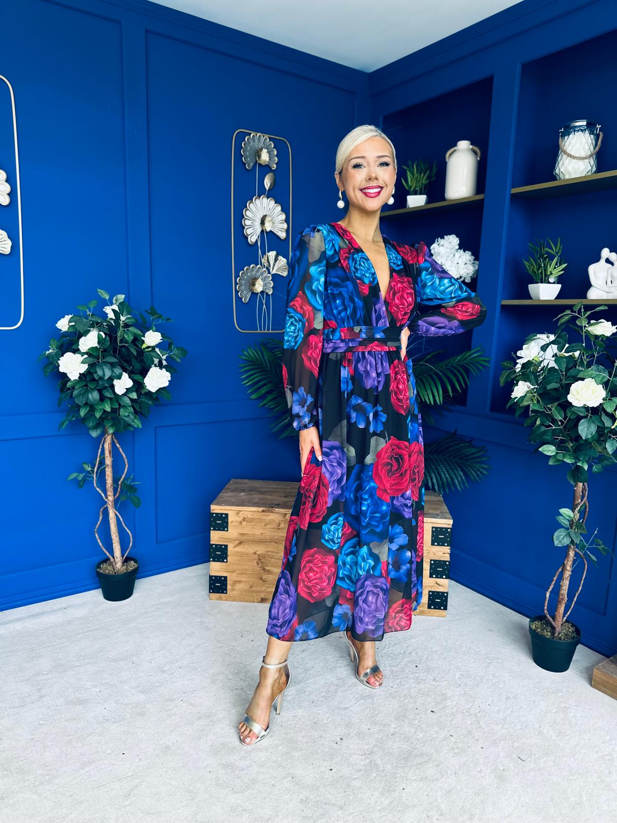 Sabrina Banded Midi Dress Black Floral Blue