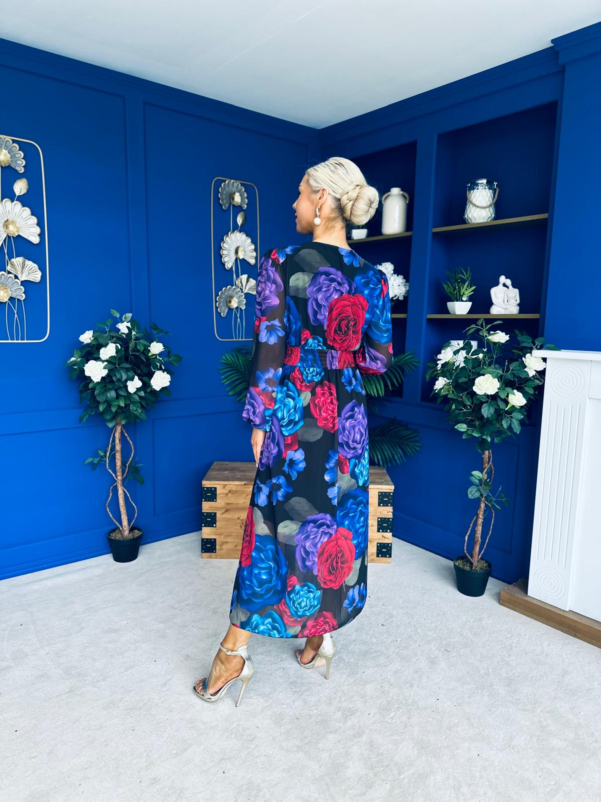 Sabrina Banded Midi Dress Black Floral Blue