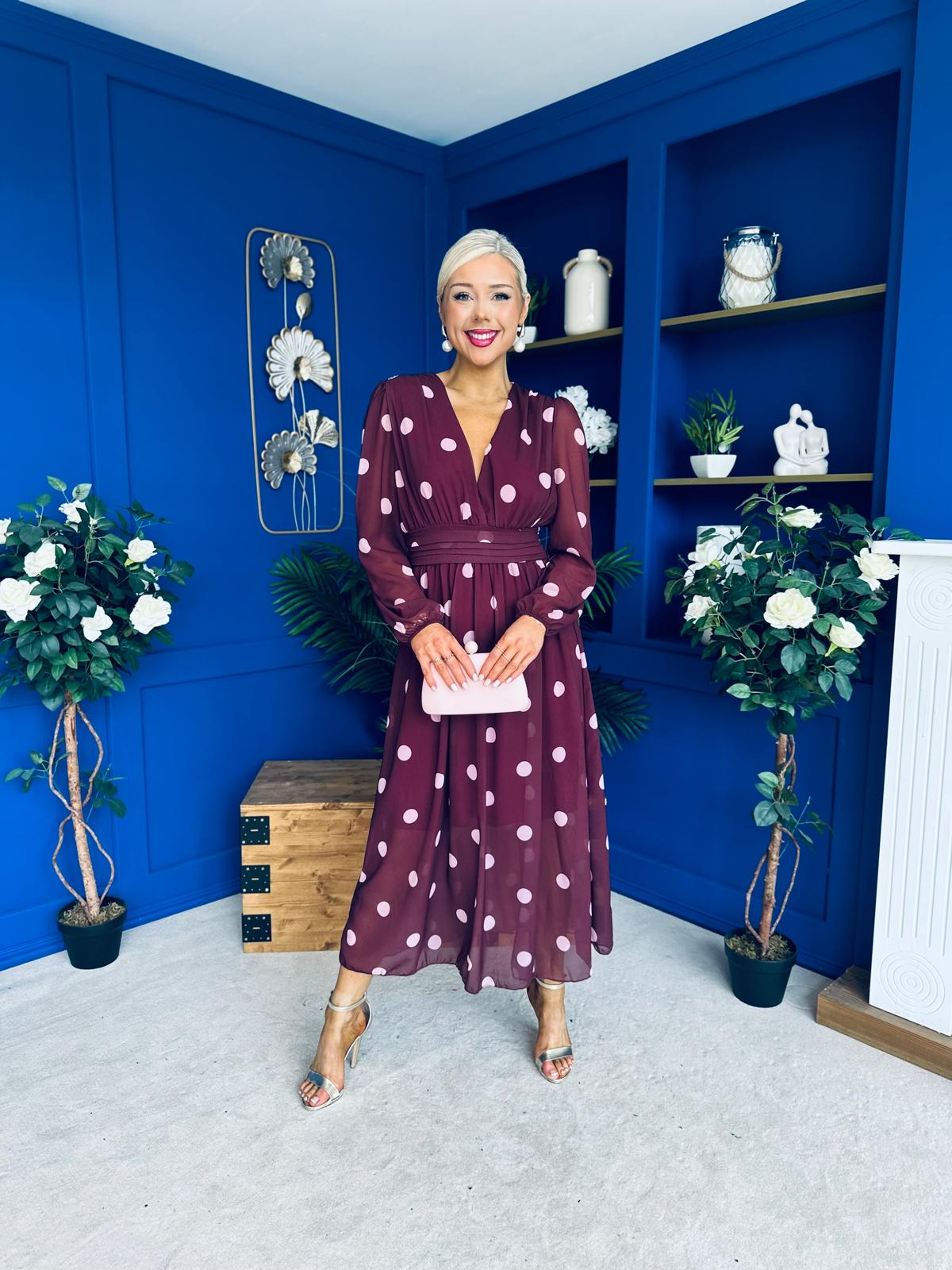 Sabrina Banded Midi Dress Polka Burgundy