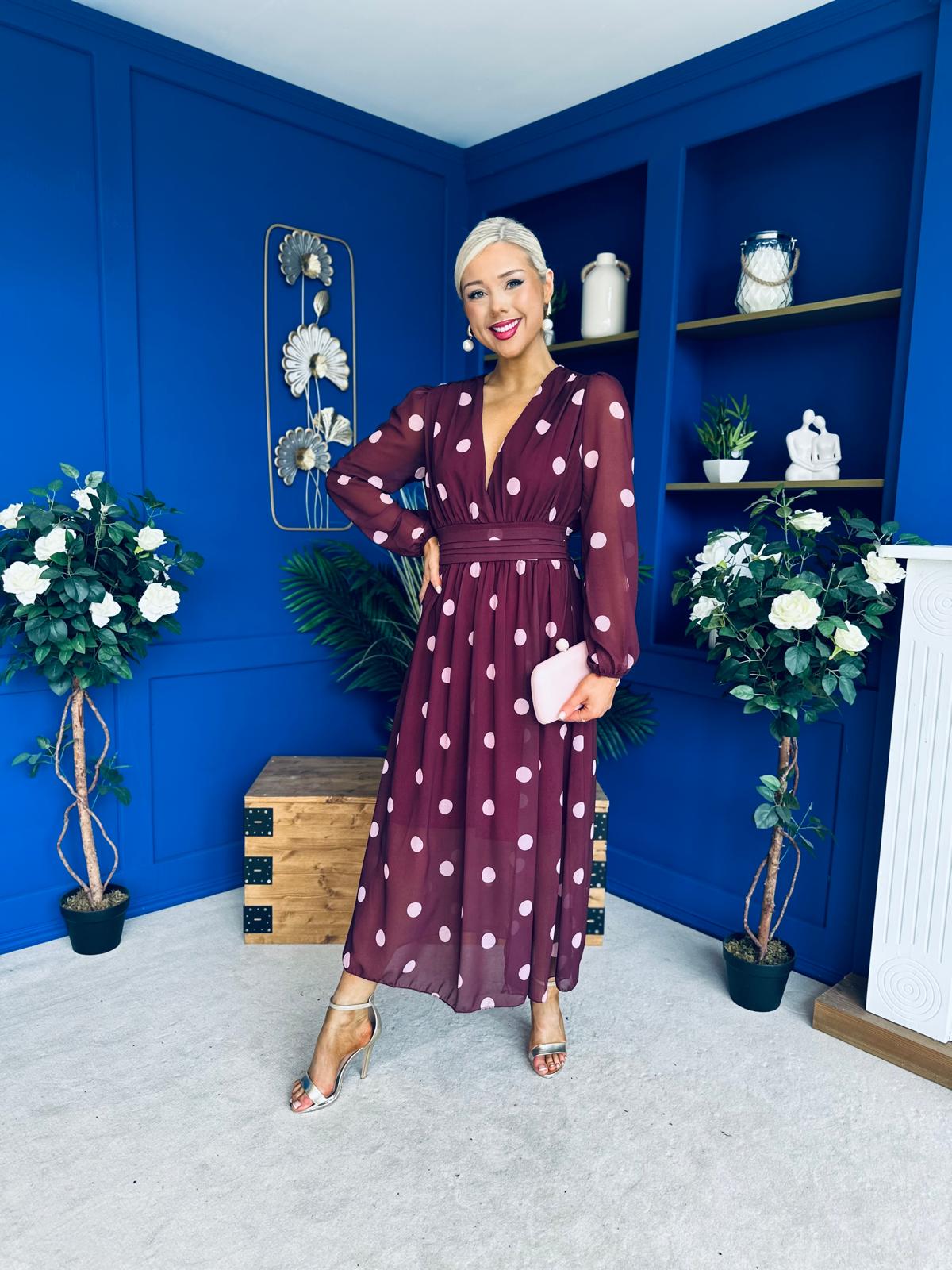 Sabrina Banded Midi Dress Polka Burgundy
