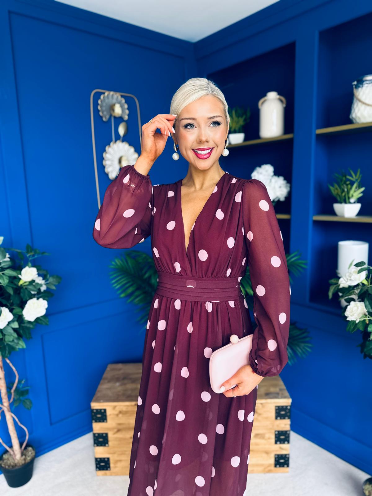 Sabrina Banded Midi Dress Polka Burgundy