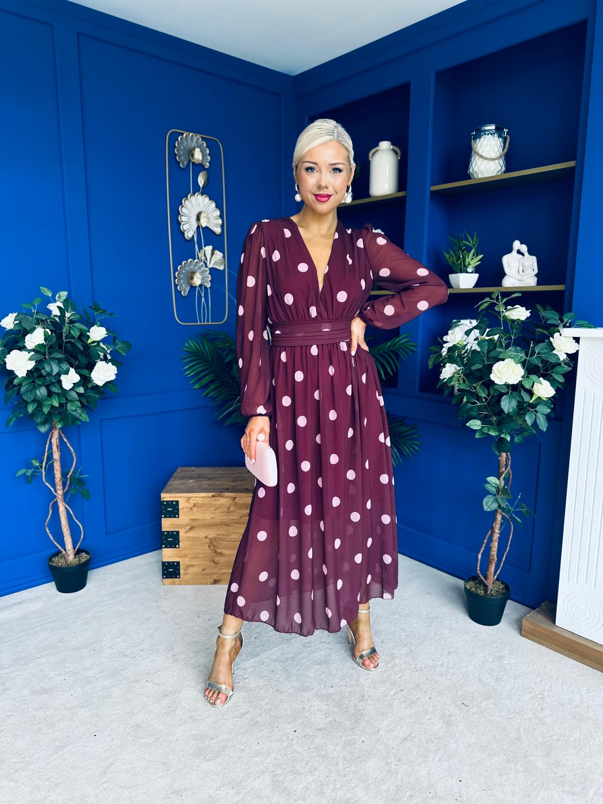 Sabrina Banded Midi Dress Polka Burgundy