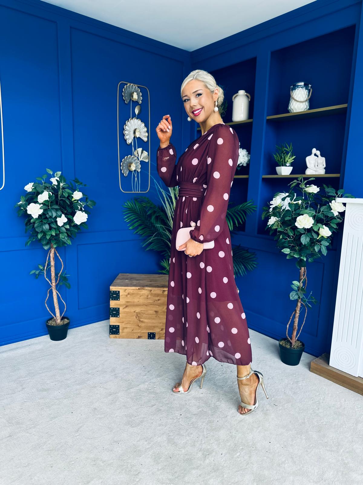 Sabrina Banded Midi Dress Polka Burgundy