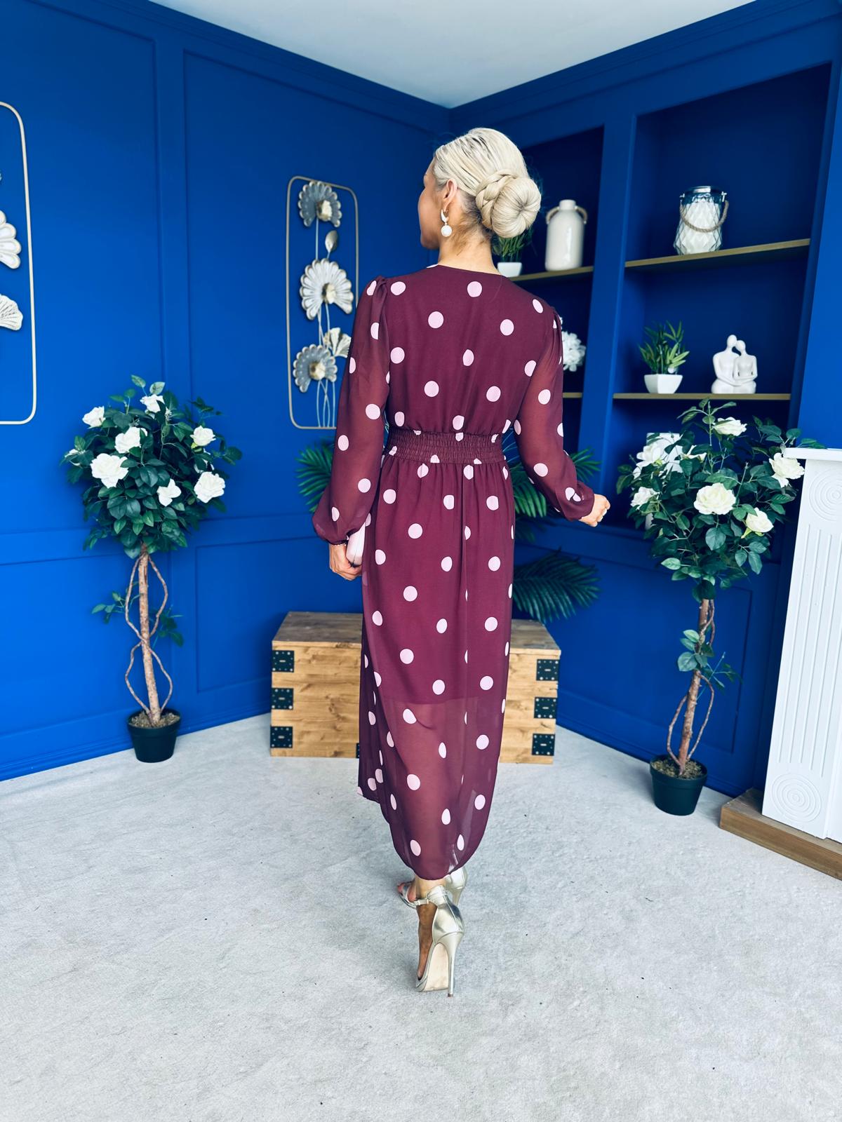 Sabrina Banded Midi Dress Polka Burgundy