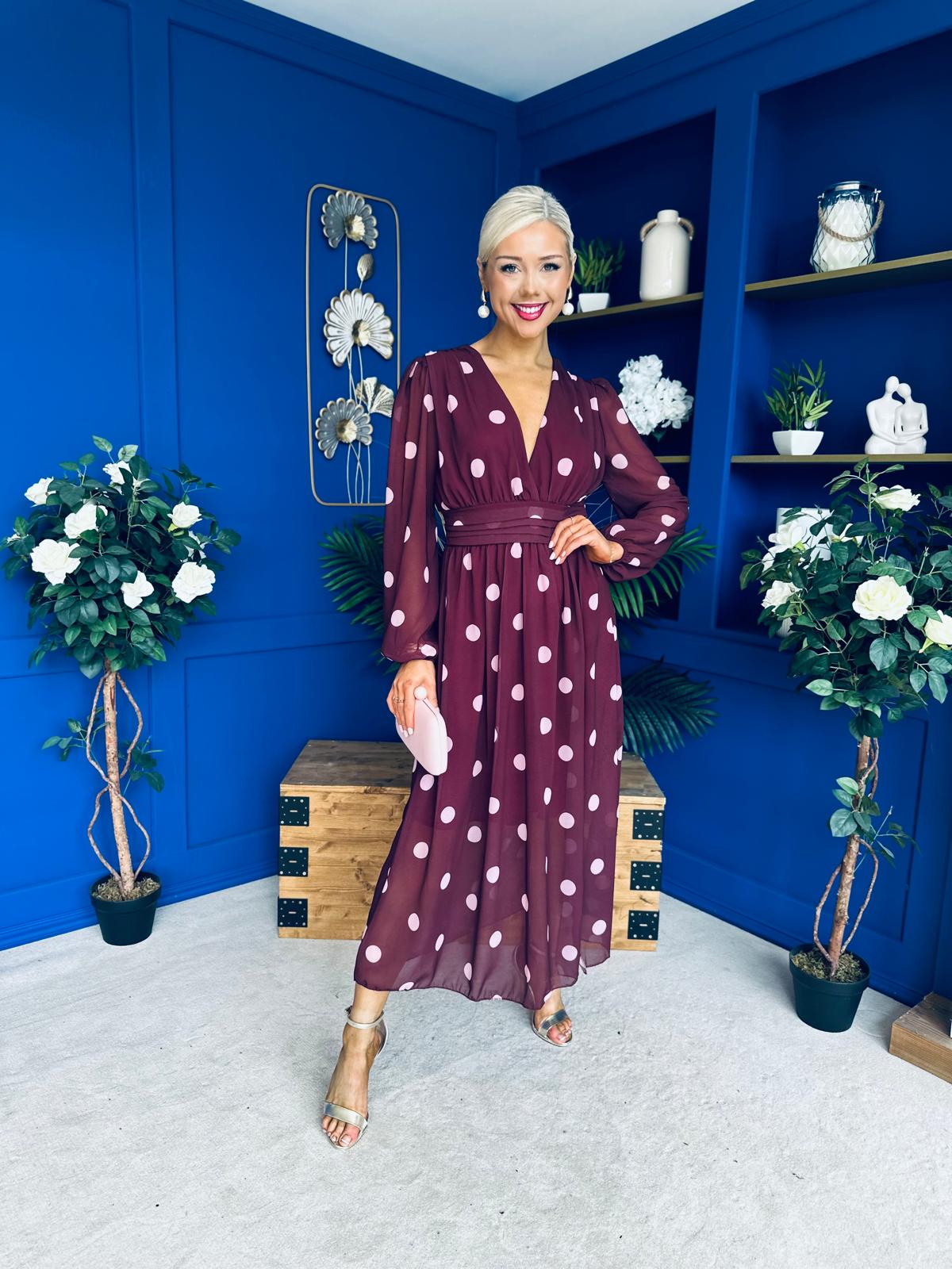 Sabrina Banded Midi Dress Polka Burgundy