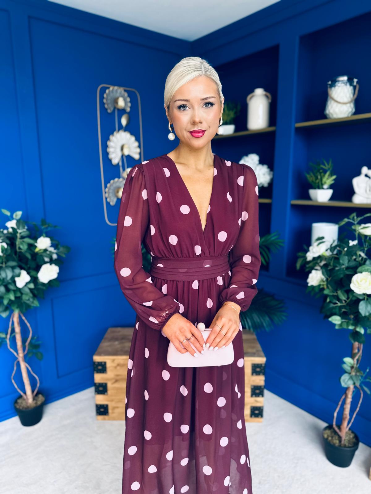 Sabrina Banded Midi Dress Polka Burgundy