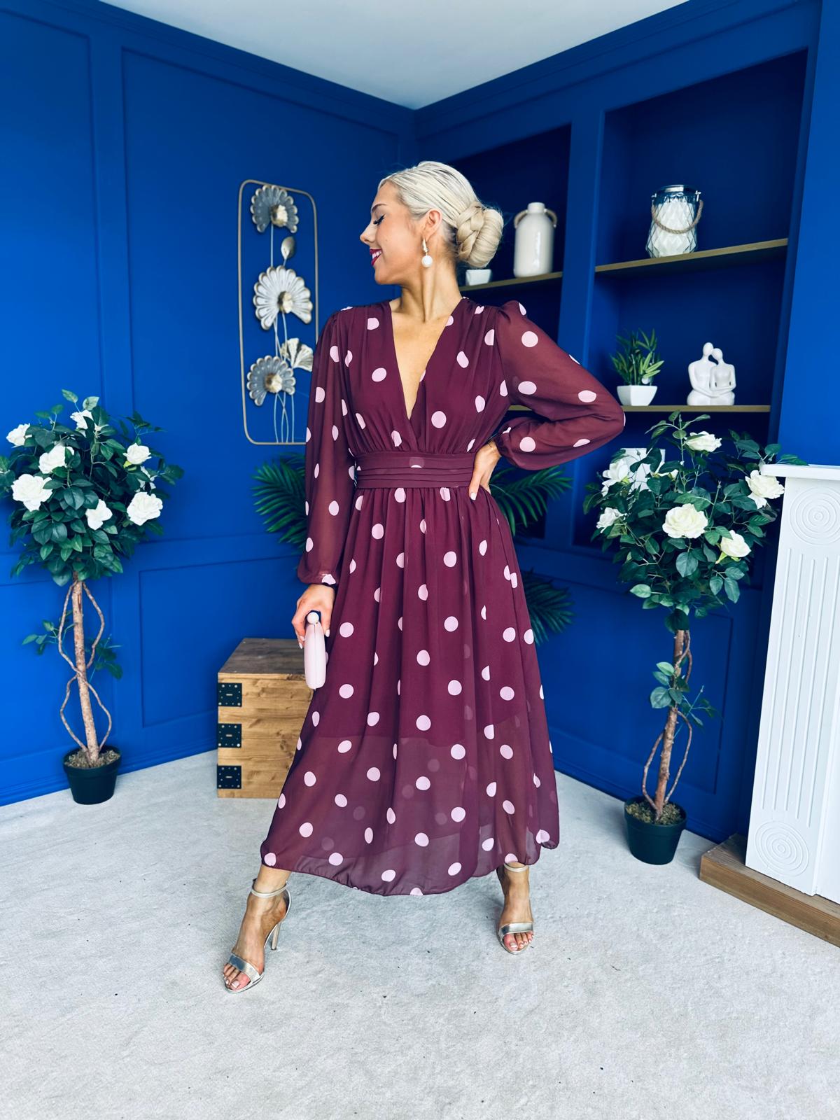 Sabrina Banded Midi Dress Polka Burgundy