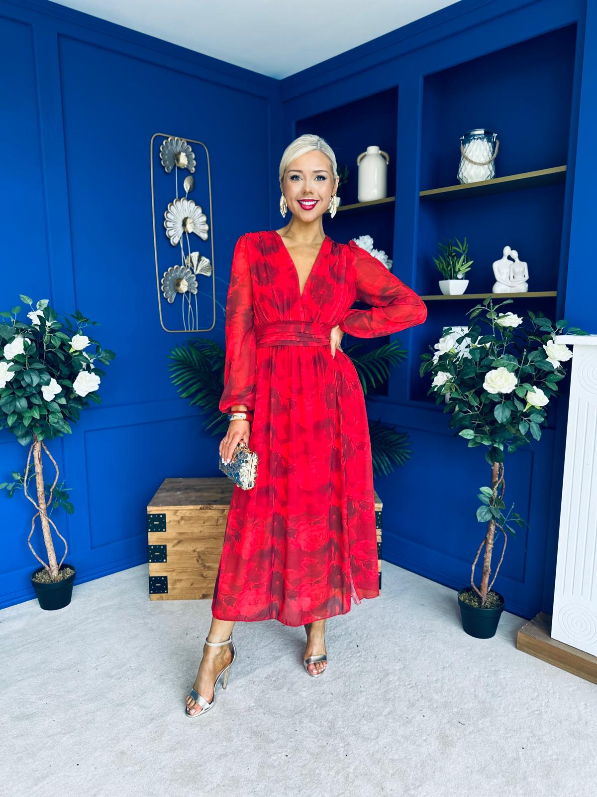 Sabrina Banded Midi Dress Floral Rouge