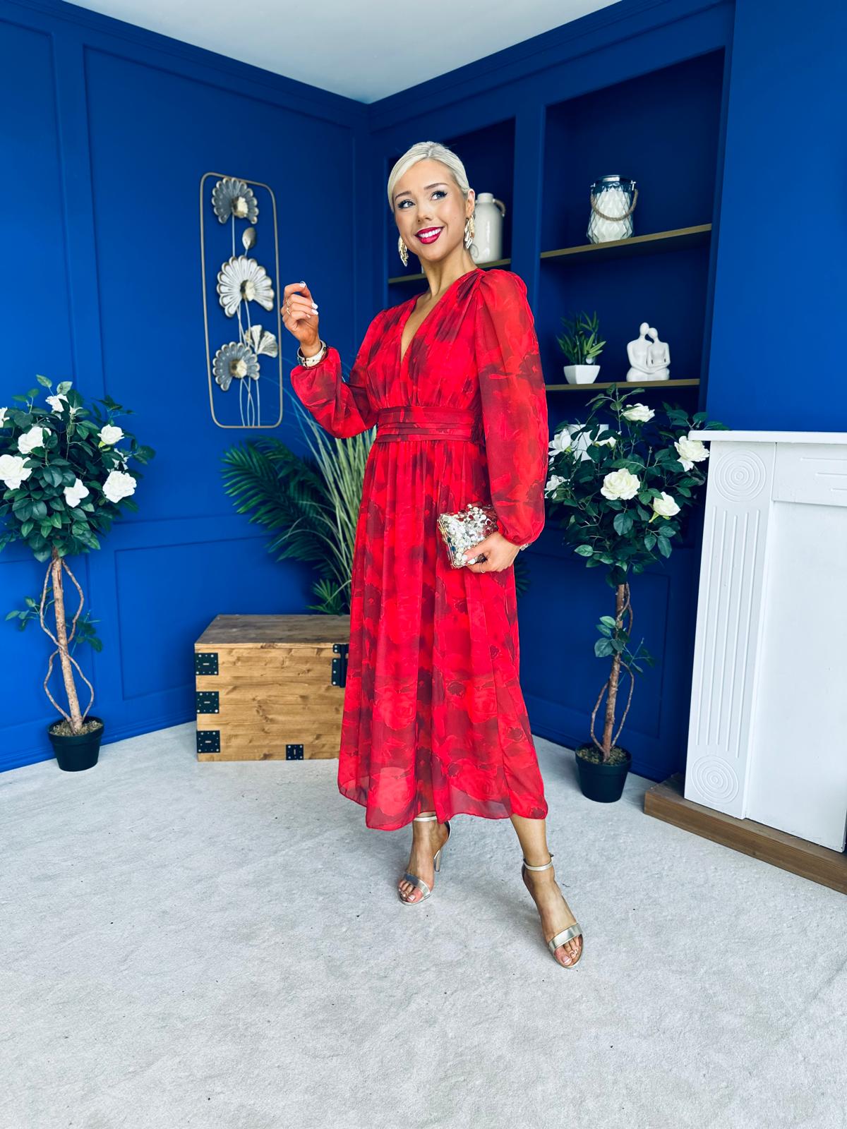 Sabrina Banded Midi Dress Floral Rouge