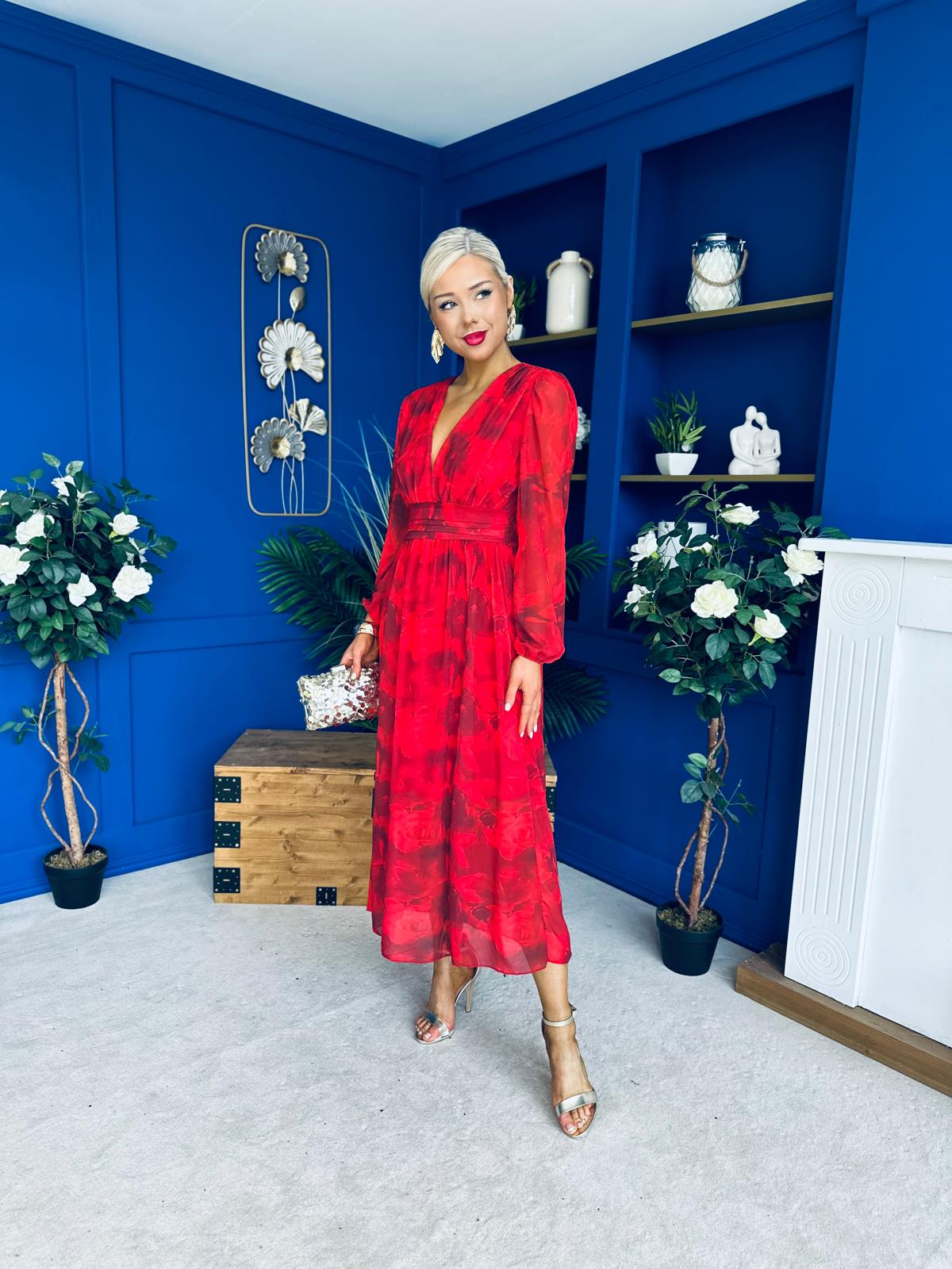 Sabrina Banded Midi Dress Floral Rouge