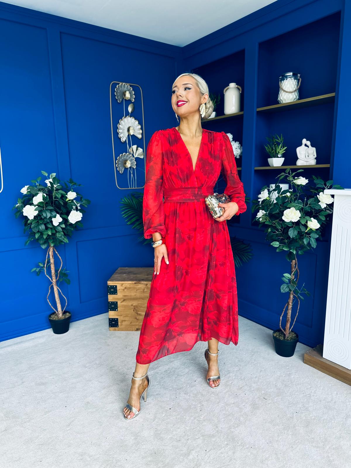 Sabrina Banded Midi Dress Floral Rouge