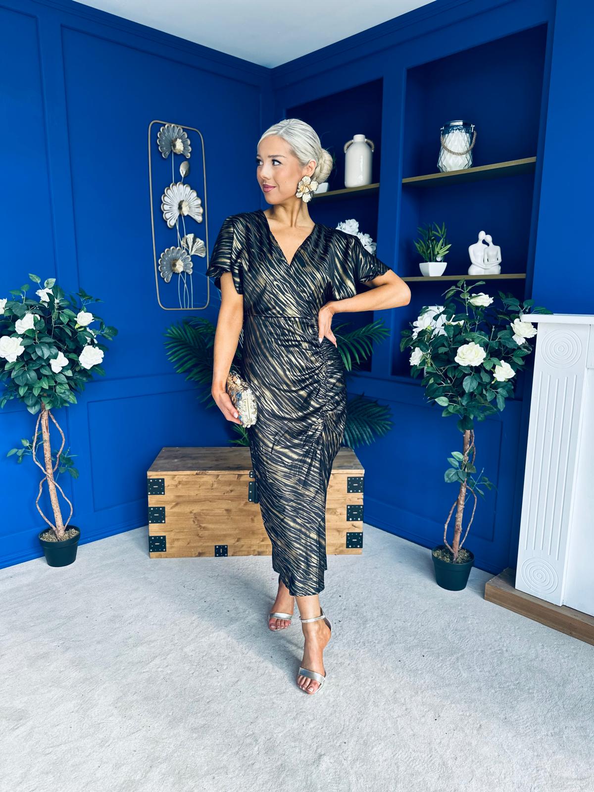 Priscilla Ruched Detail Midi Dress Black & Gold
