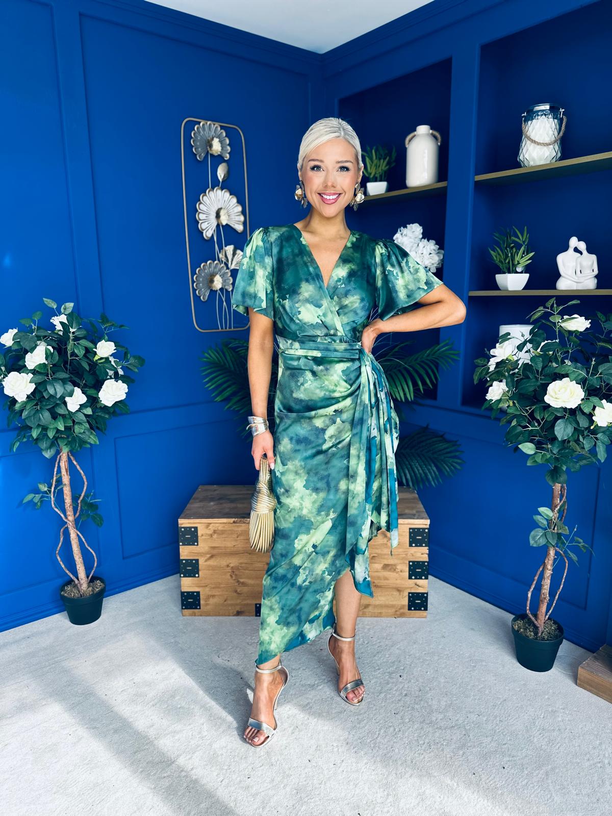 Drew Puff Sleeve Midi Dress Marble Green