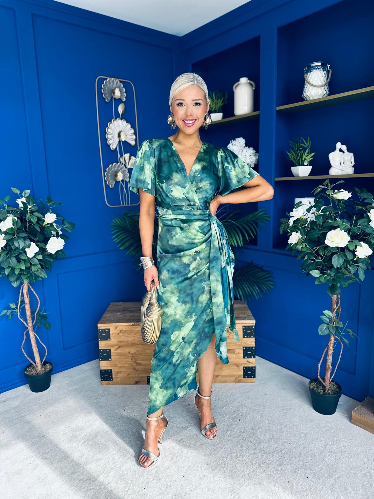 Drew Puff Sleeve Midi Dress Marble Green
