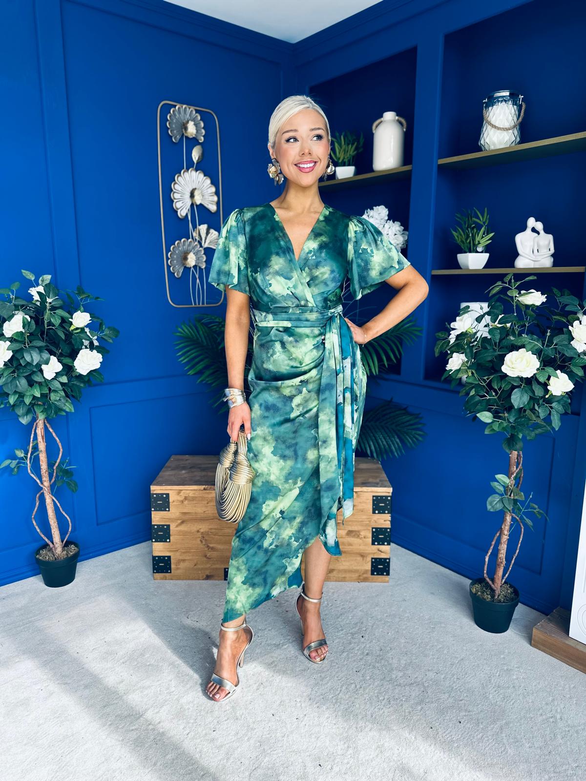 Drew Puff Sleeve Midi Dress Marble Green