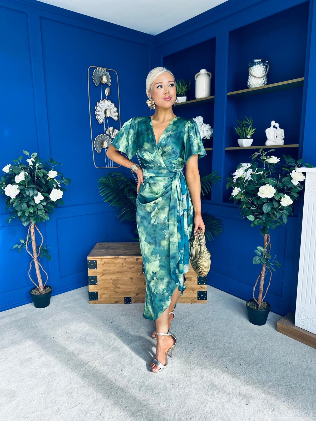 Drew Puff Sleeve Midi Dress Marble Green